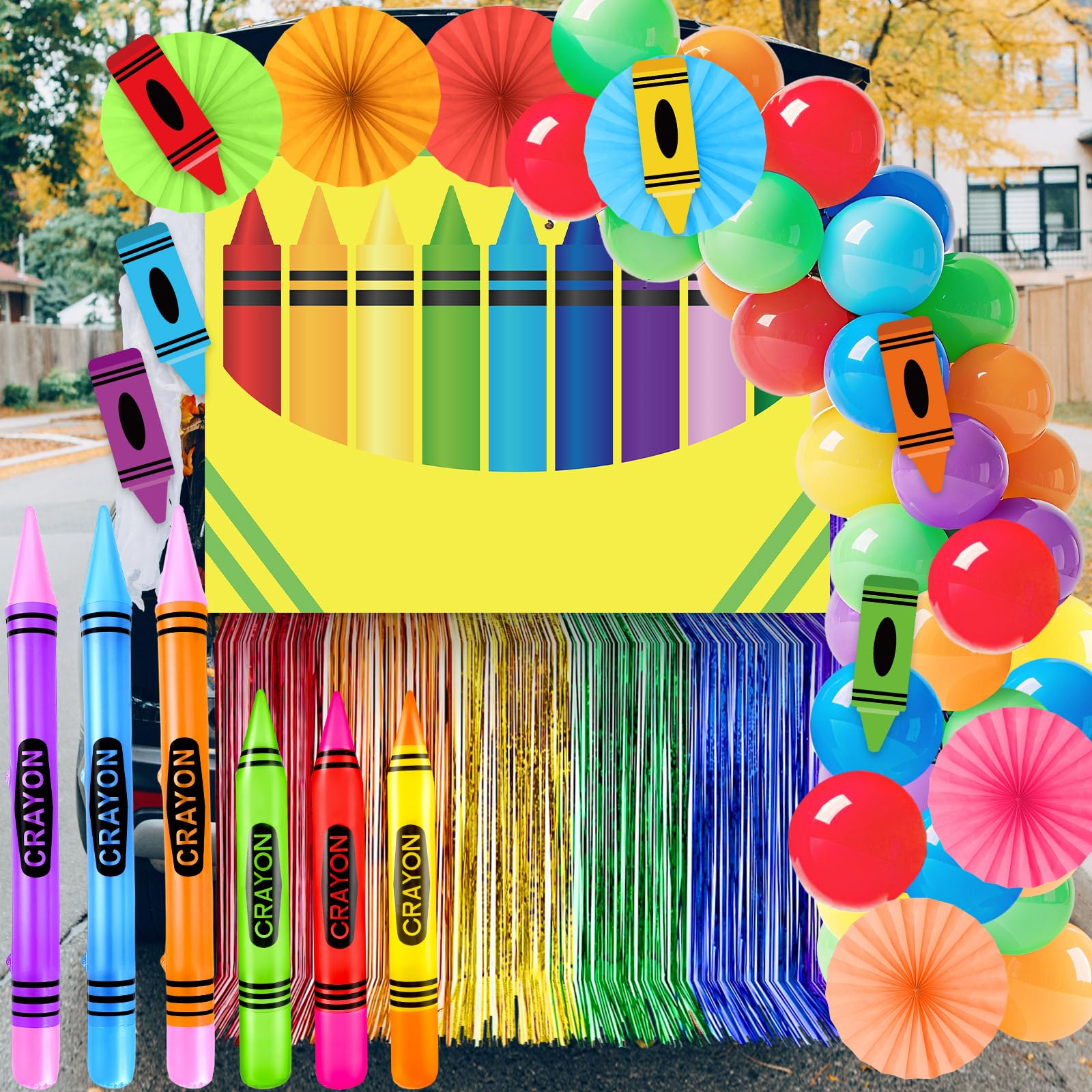 85 Stück Buntstifte, Halloween-Dekoration für Kofferraum oder Leckereien, bunte Buntstifte, Hintergrund, aufblasbare Buntstifte, Regenbogen-Folie, Fransenvorhang, Papierfächer, Luftballons, Aufkleber