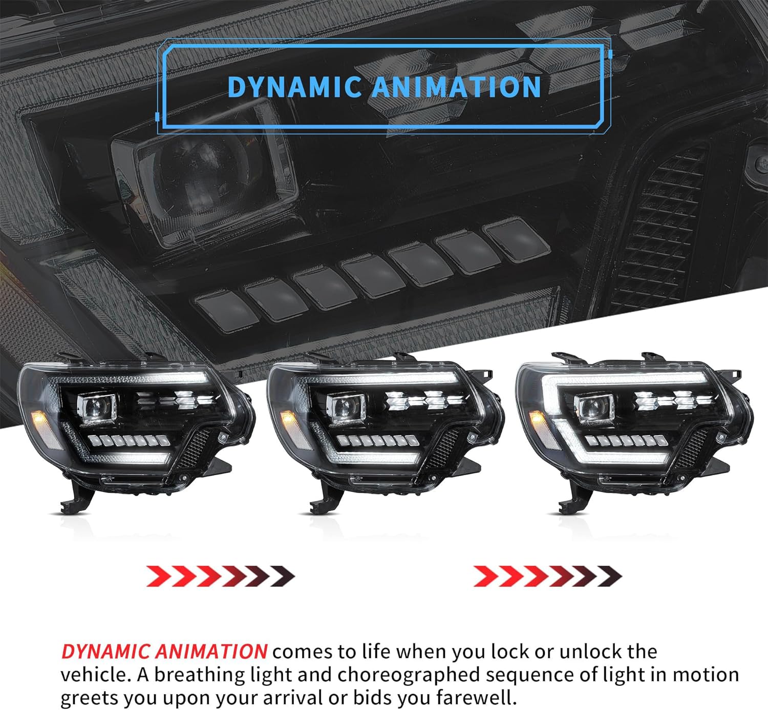 VLAND Projector Headlights Compatible with Toyota Tacoma 2012-2015 2nd Gen Restyled, Front Lamp Assembly w/Dynamic Animation Running Light Bar w/Switchback Sold as a PAIR