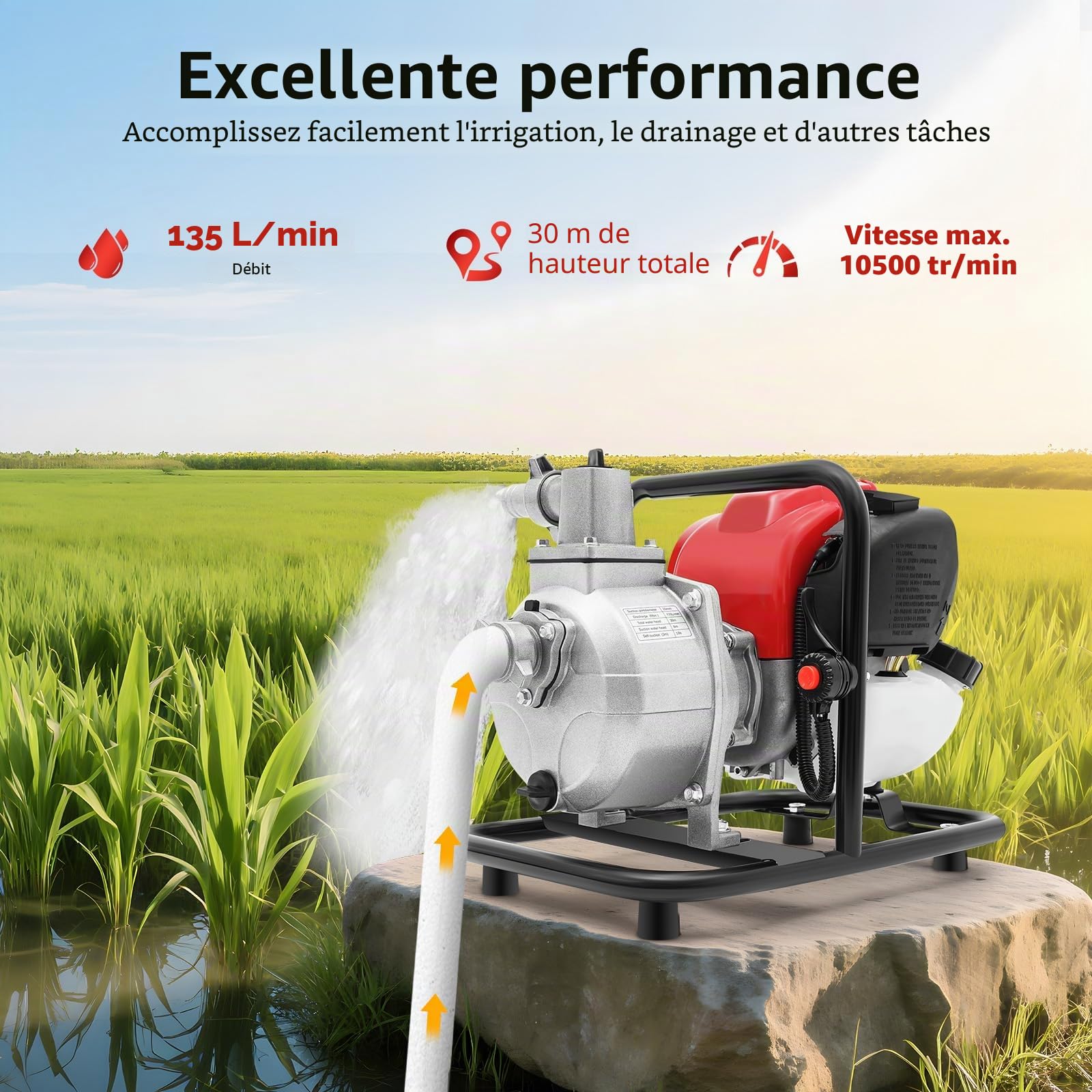 Pompe à eau à essence 38cc, moteur 4 temps Motopompe à eau à essence, 1,2 kW Pompe de jardin autoportante, Débit 135 L/min | hauteur : 30 m | aspiration : 8 m | Arrosage, Drainage
