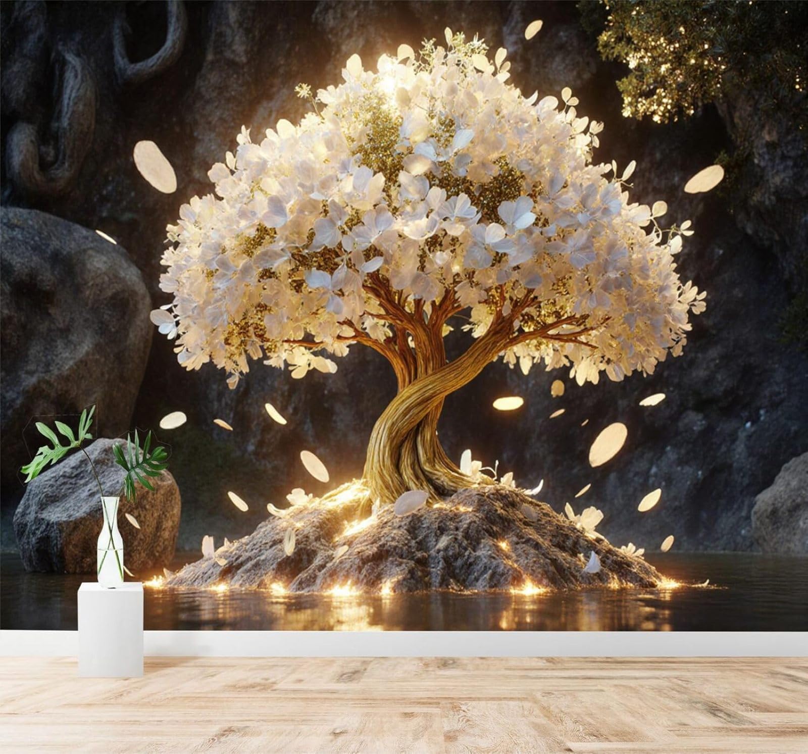 XLMING Beautiful Luminous White Flowered Tree Golden Glow Rocky Landscape 3D Wallpaper Silky Texture Home Study Office Grey Dining Room Sofa Bedroom Living Room TV Backdrop-400cm×280cm