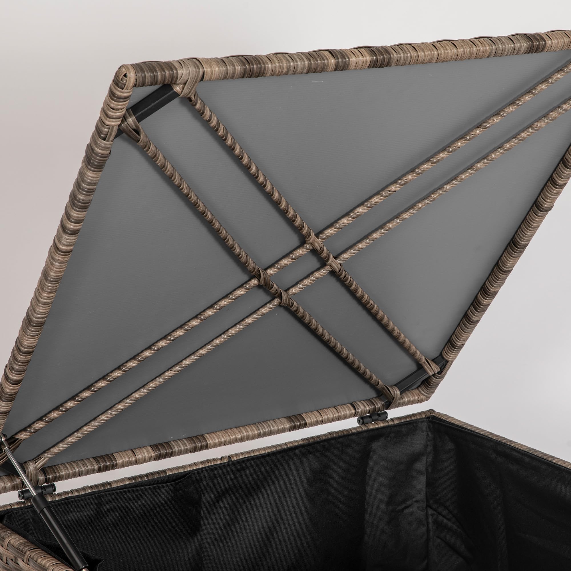 Outsunny Baule da Esterno in Rattan PE, Acciaio e tessuto Oxford, Panca Contenitore con Fodera Interna e Barra Pneumatica, 75x75x70 cm, Nero e color Sabbia