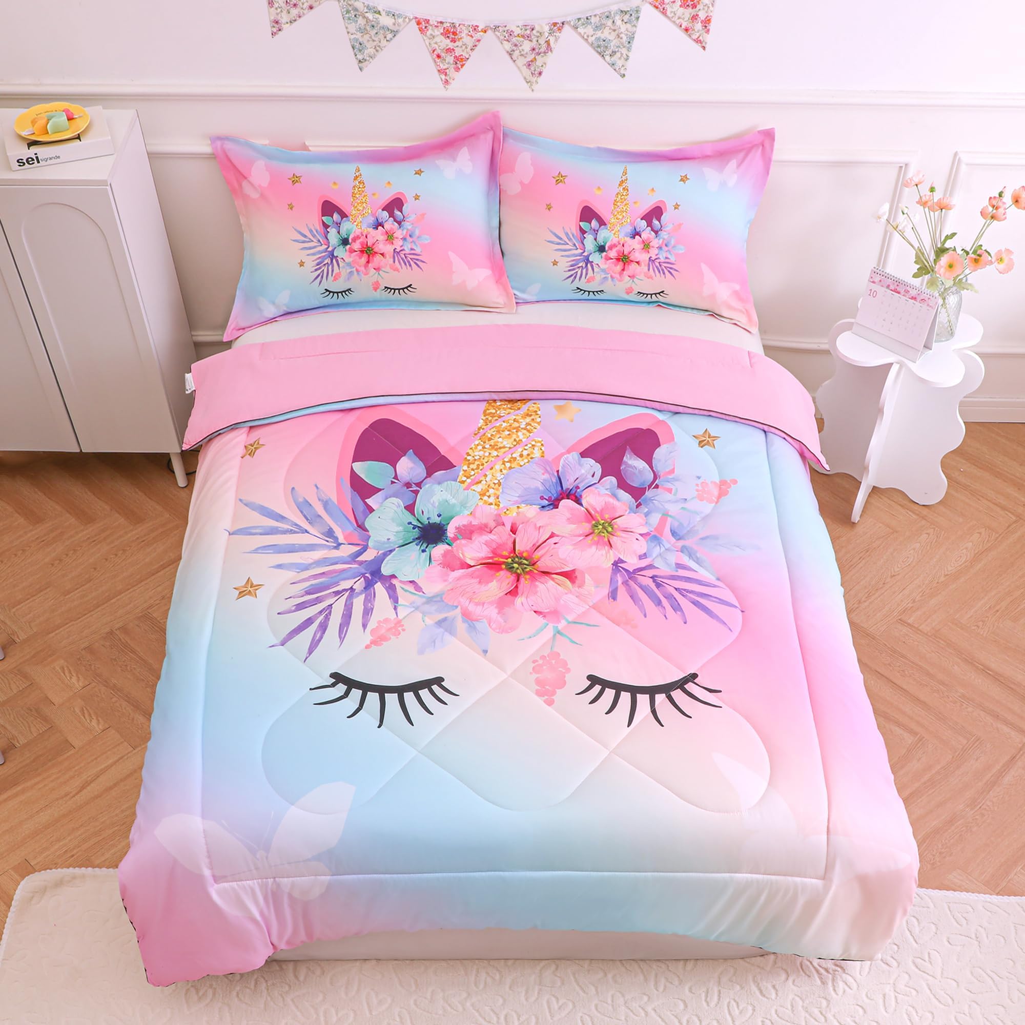 VIVILINEN Rainbow Unicorn Queen Bedding Set for Girls 3