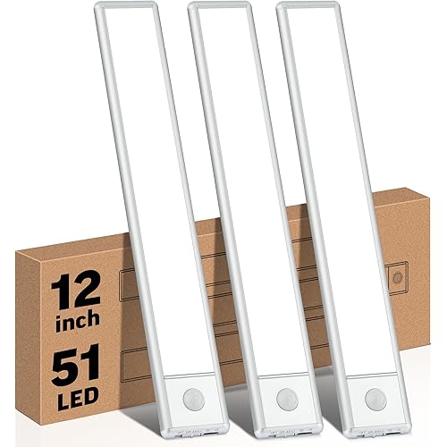YLXS 51-LED Motion Sensor Under Cabinet Lights, 12-inch Magnetic Rechargeable Under Counter Closet Lights, Wireless Night Light Bar for Kitchen Wardrobe Cupboard Stairs Bedroom, 3-Pack, Cool White