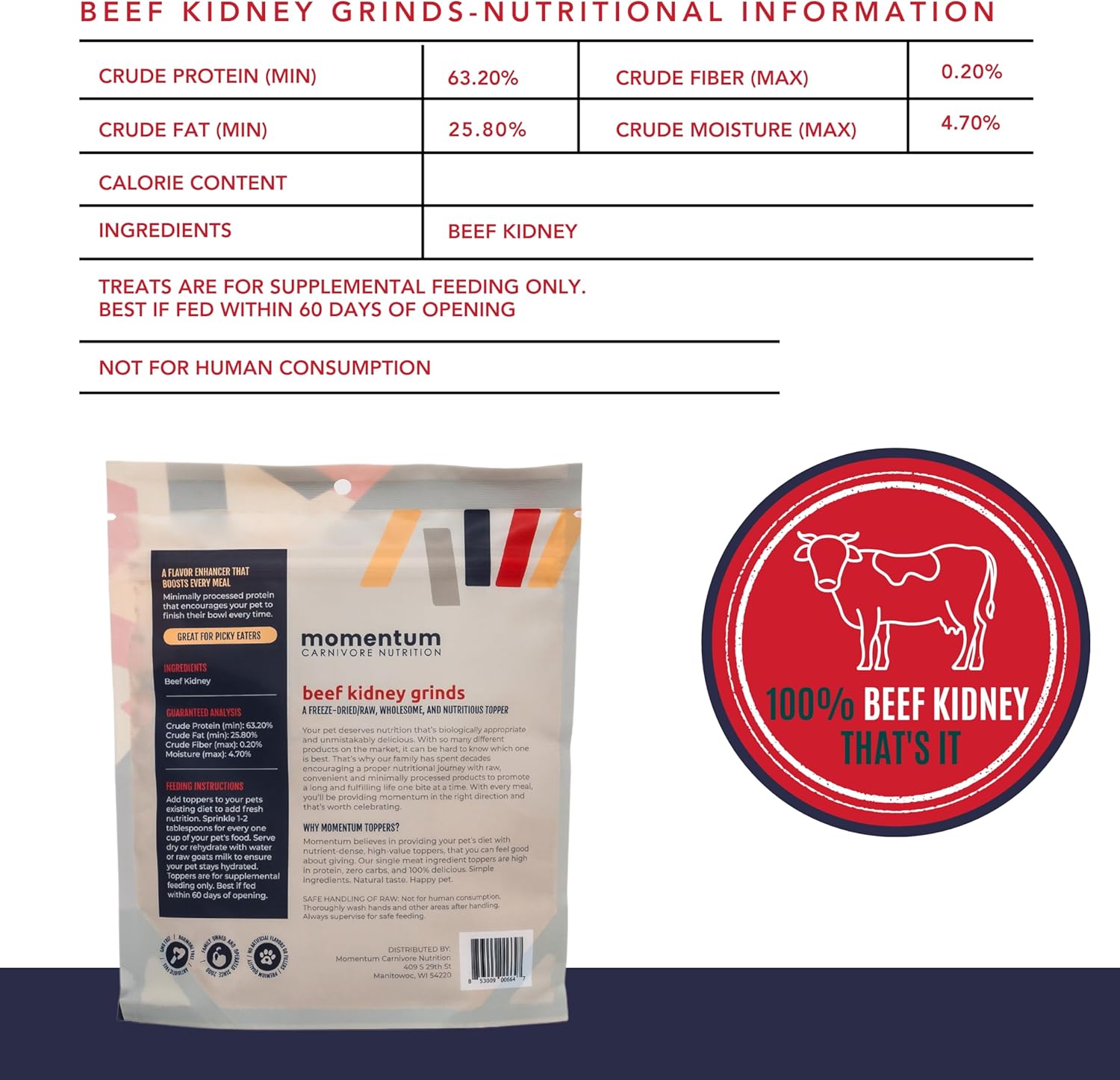 Momentum Carnivore Nutrition Freeze-Dried Beef Kidney Pet Food Topper – Single-Ingredient, All-Natural Topper – High-Protein for Dogs and Cats, Grain-Free and Made in The USA– (3.75 oz Bag)