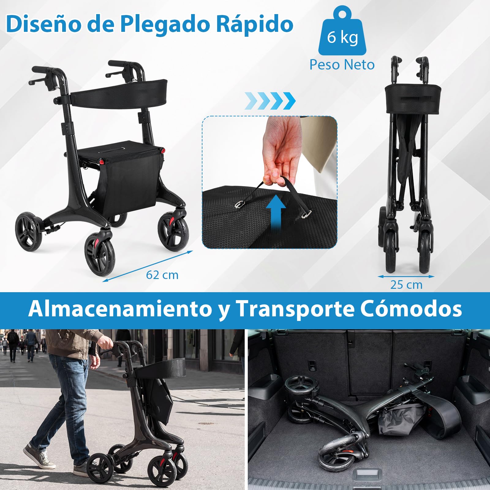 COSTWAY Andador Plegable para Ancianos, Caminadores para Mayores con Asiento, Estructura de Fibra de Carbono, 4 Ruedas de 20 cm, Altura Ajustable, Bolsillo, Tacataca para Ancianos, Carga 136kg