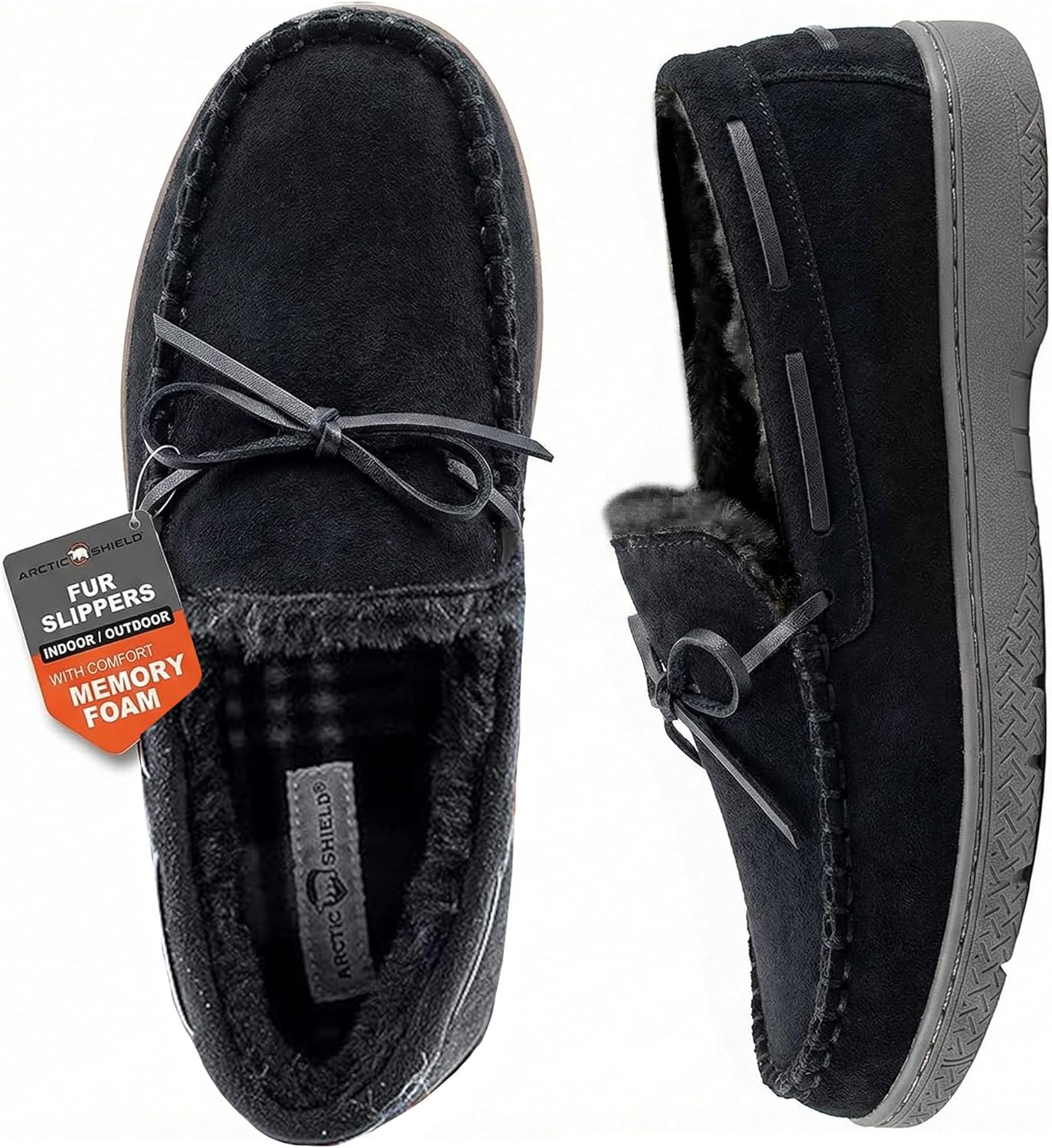 arcticshield men's moccasin slippers - indoor outdoor house shoes with soft plush lining - microsuede moccasins for men 8 black