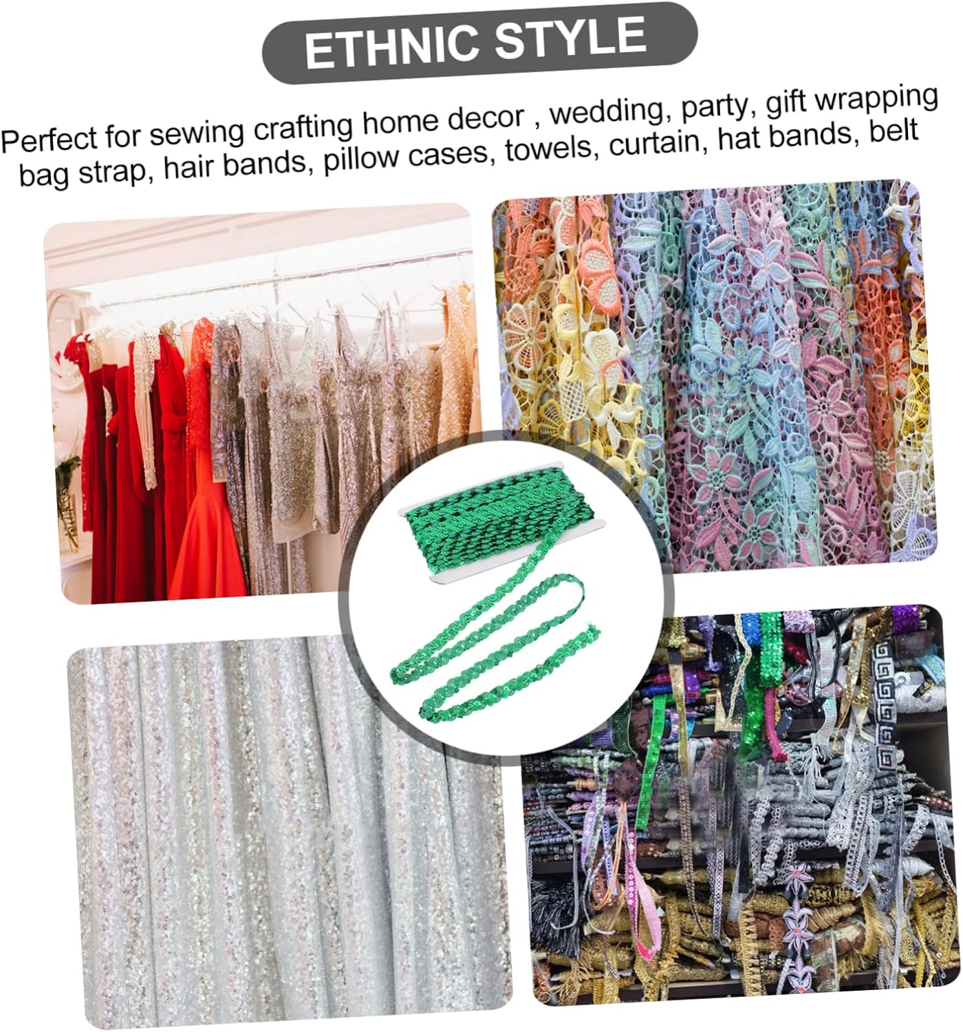 Uonlytech 15mm Sequin Braid Trim for DIY Crafts Random Color Decorative Edging Lace for Garment Bag and Pillow Sewing Projects 15 Yard Roll