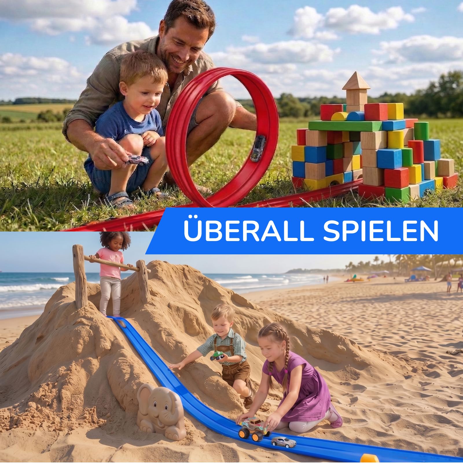 Autorennbahn Flexible Rennstrecke mit 4 Autos & Tragtasche – Soft Rennbahn Spielzeug für Kinder ab 3 4 5 6 Jahre, Rollt Auf Tragbare Autobahn Geschenk für Indoor/Outdoor, Blau