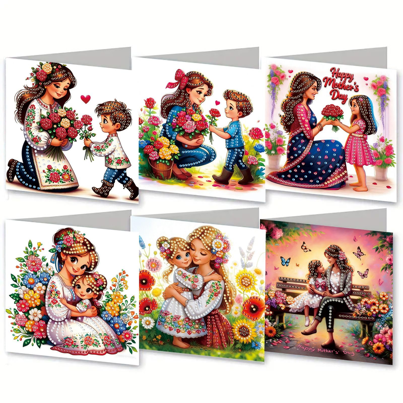 CustmArti Diamond Art Painting DIY Holiday Greeting Card Creative Blessing Folding Six-Pack Stationery Ornament Handmade Present Embroidery-Mother1