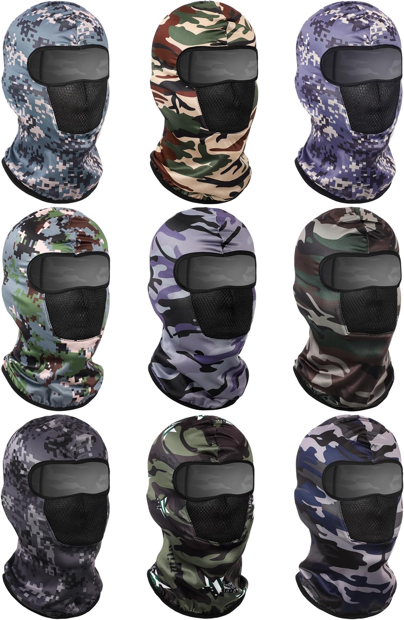 9 Pcs Camo Balaclava Ski Mask Full Face Mask Breathable Sun Hood for Men Women Summer Motorcycle Outdoor Activity