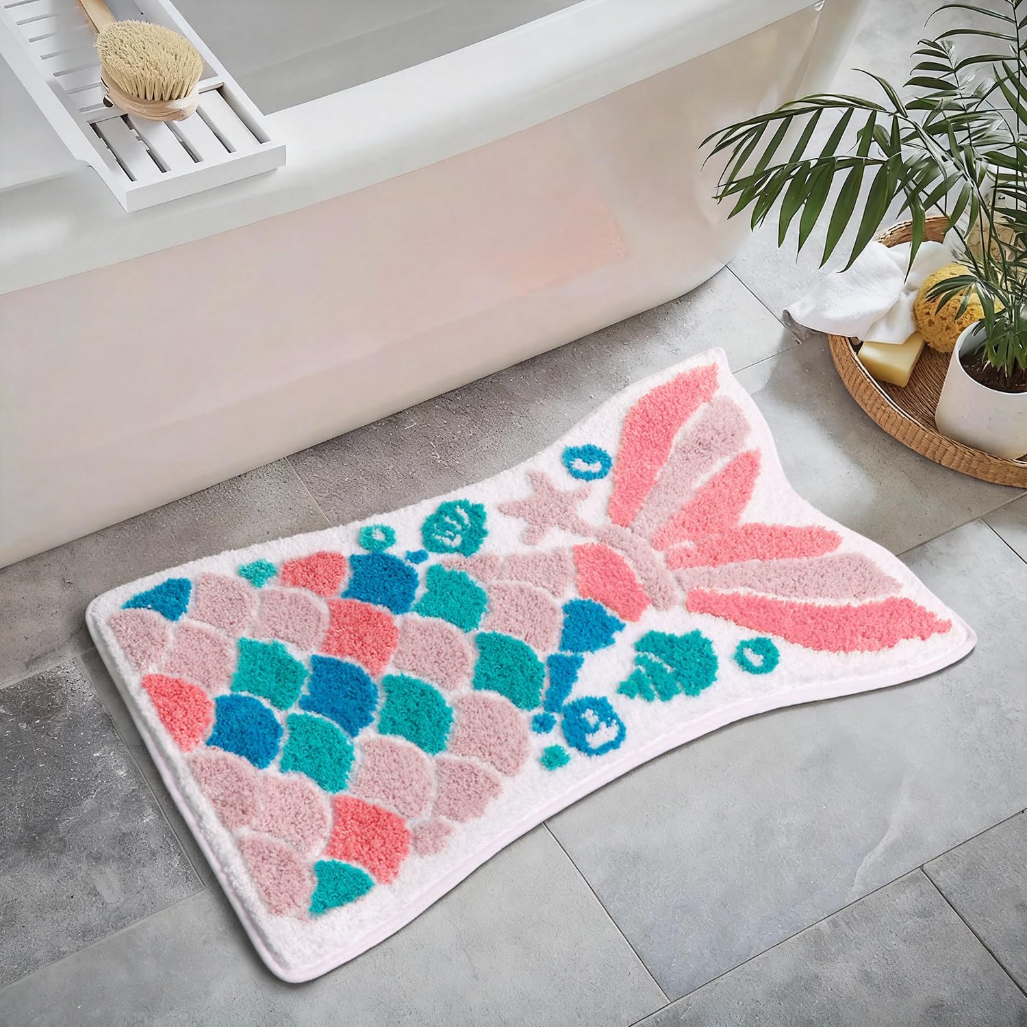 Mermaid Tail Bath Mat for Kids Bathroom Ocean Fish Scales Non-Slip Thick Microfiber Rugs Super Absorbent Cute Bathtub Decor Door Mat Pink Teal Girl's Carpet - 32" x 20"