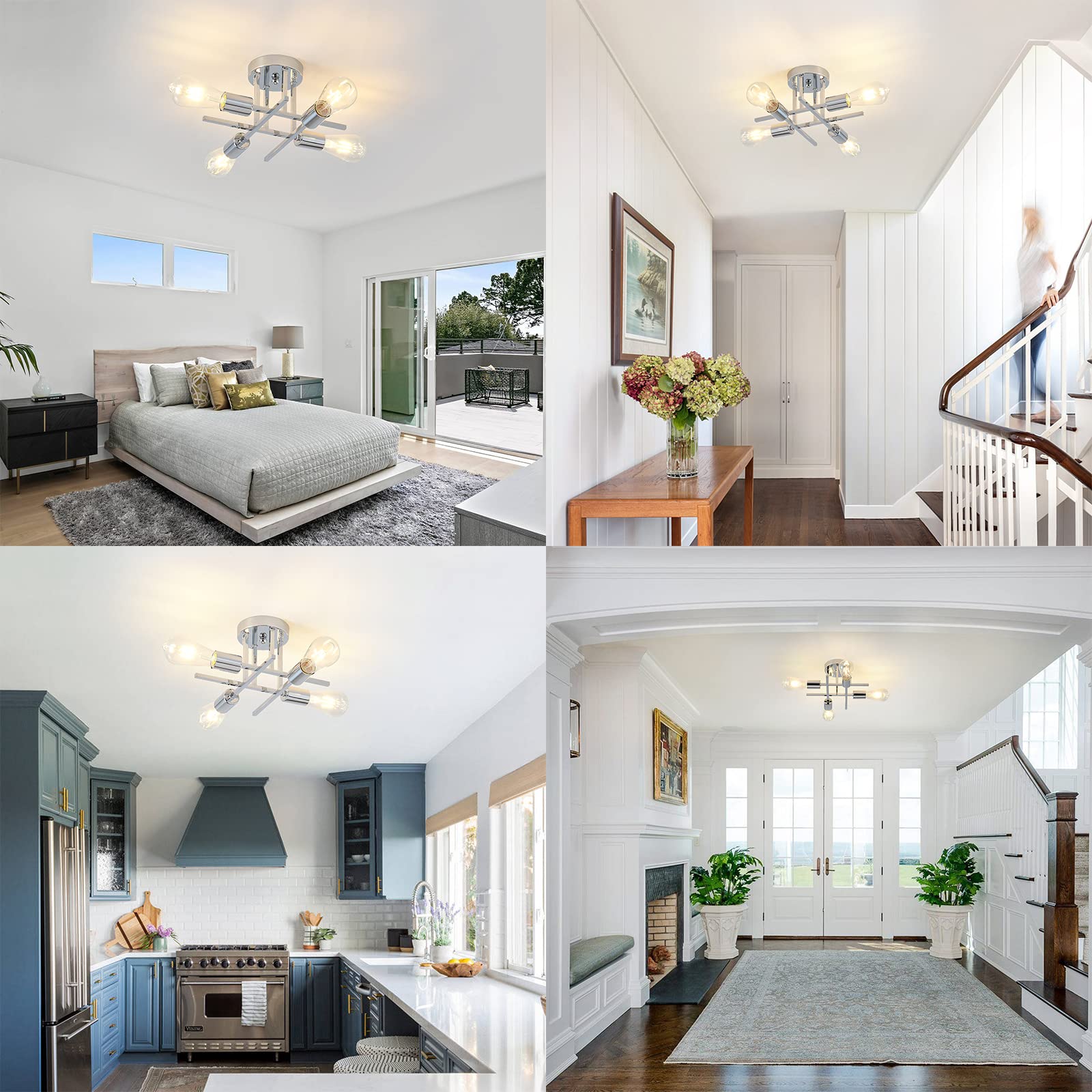 EGM Semi Flush Mount Ceiling Light Fixtures, Industrial 4 Lights Chrome E26 Base Modern Light Fixture Ceiling Mount for Kitchen Bedroom Living Dining Room Hallway Entryway Farmhouse