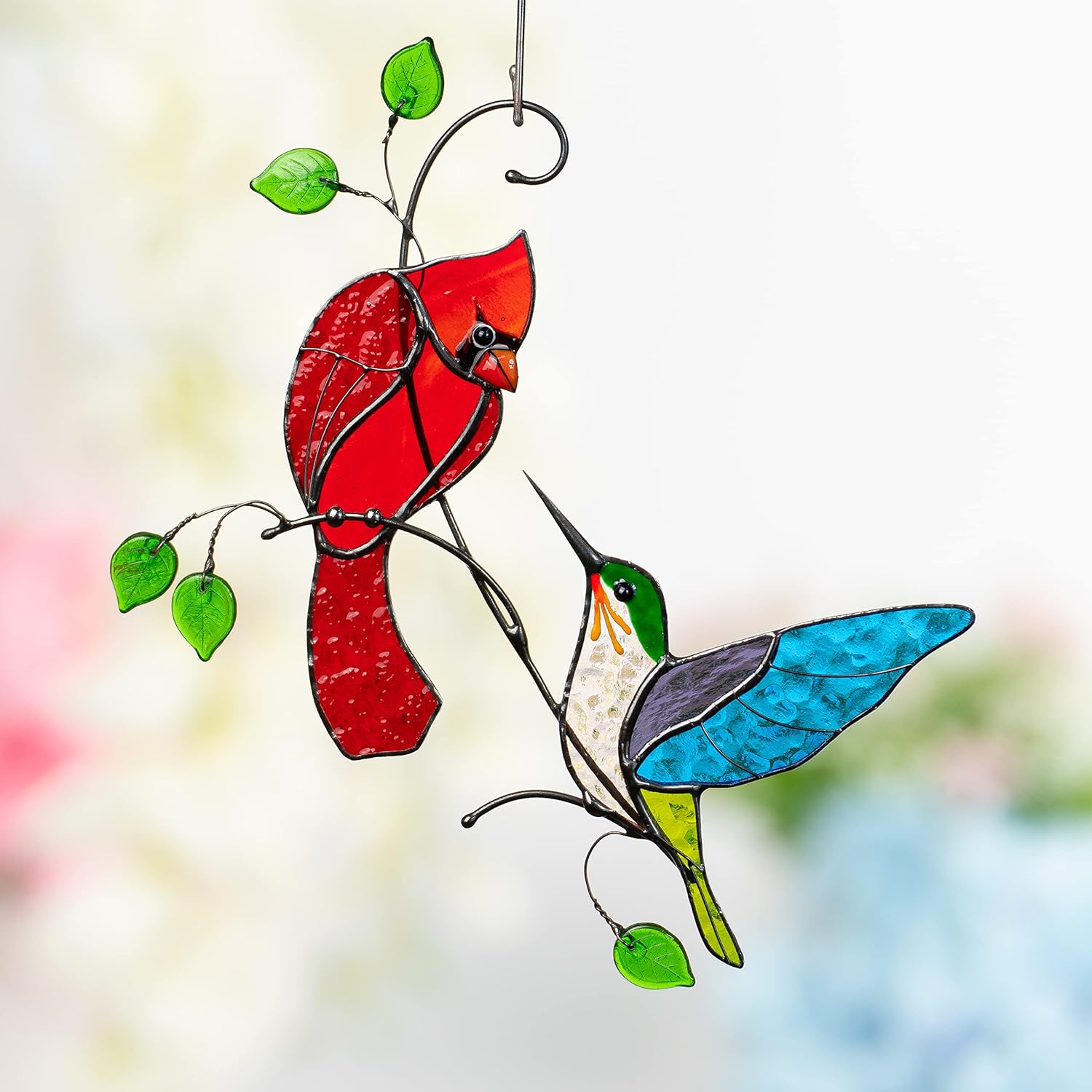 Hummingbird Cardinal Birds Stained Glass Suncatcher Genuine Stained Glass Window Hangings Unique Indoor Ornament & Outdoor Decor (Cardinal and Hummingbird)