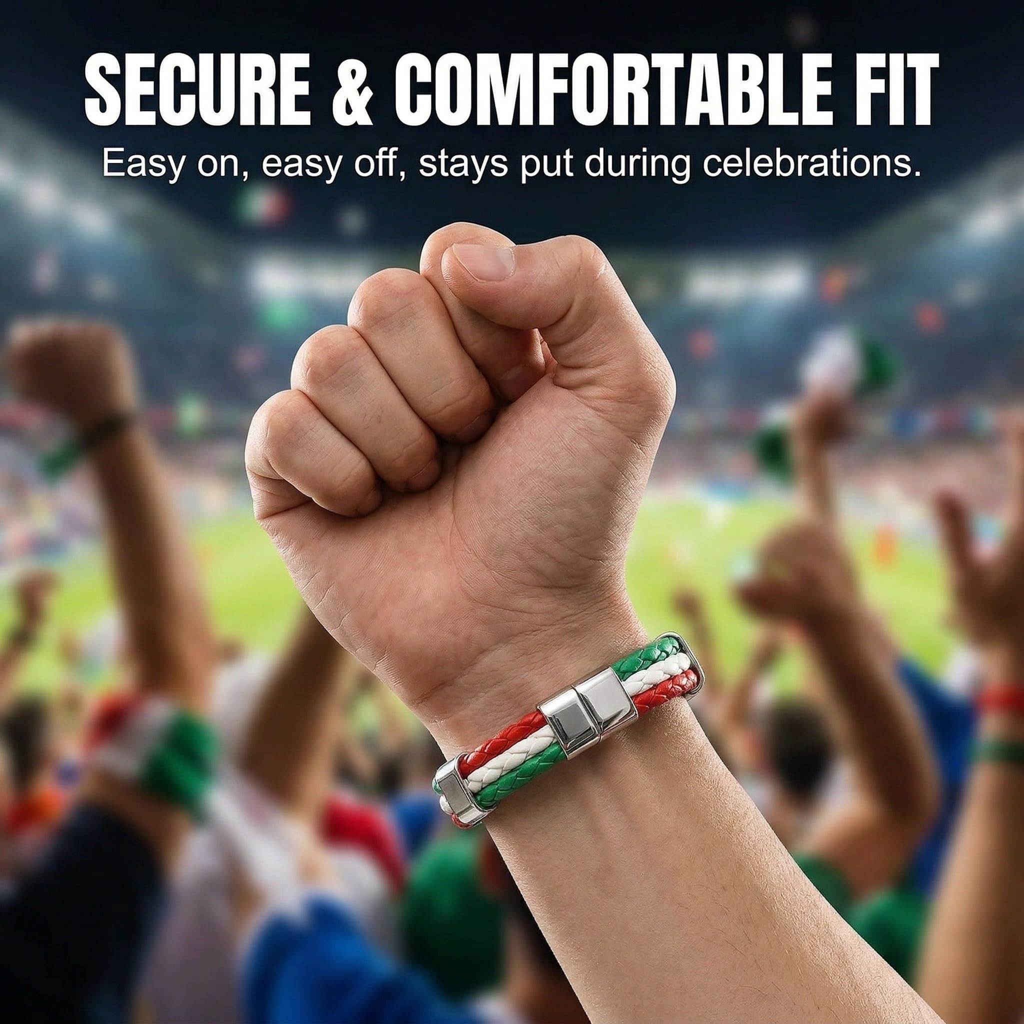 Bracelets Italie Supporter Simili-Cuir Tressé Drapeau Italien Tricolore 22cm