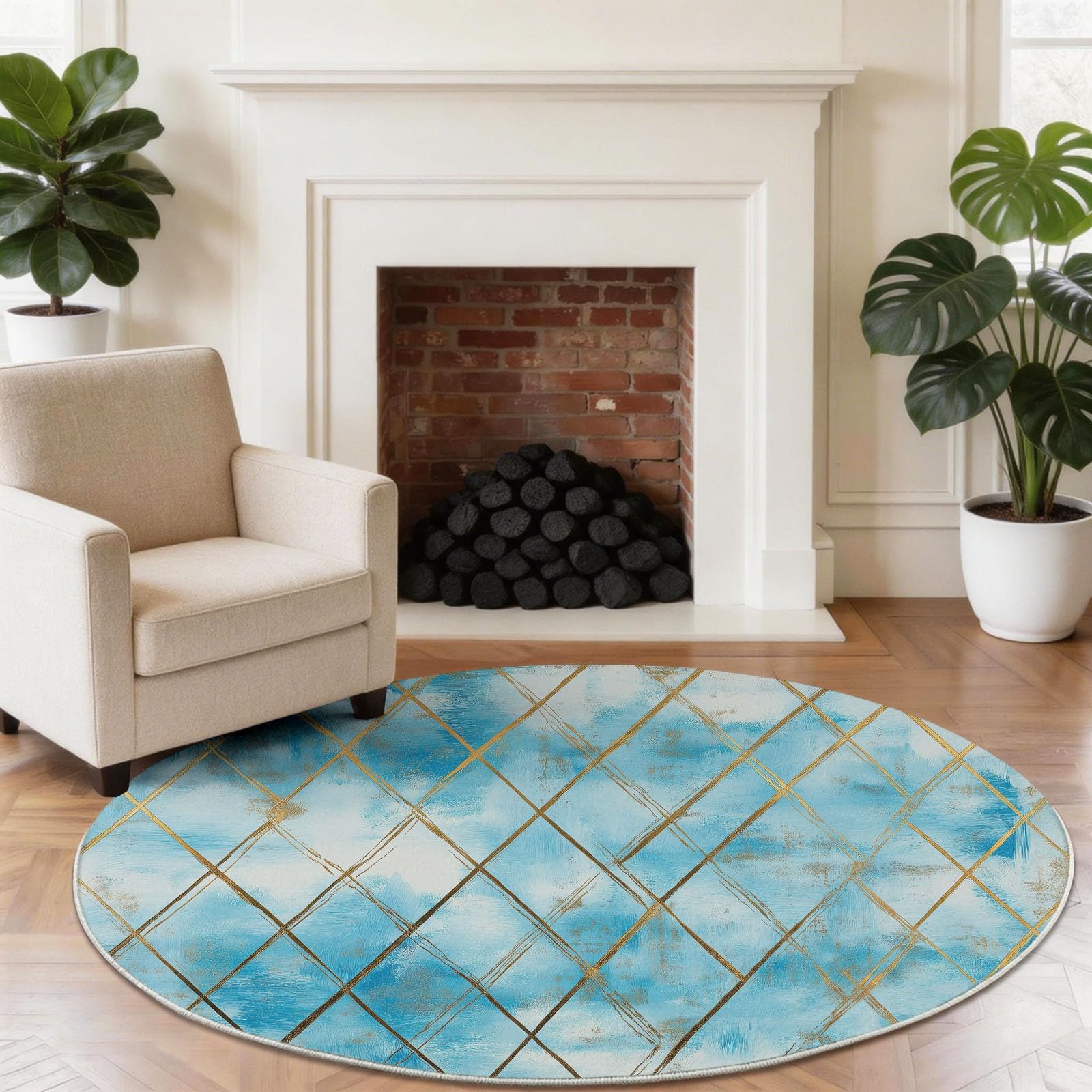 Tappeto rotondo morbido, motivo geometrico a rombi, beige, blu, lavabile, non perde pelo, stile vintage, 90 cm, per cucina, comodino, camera da letto