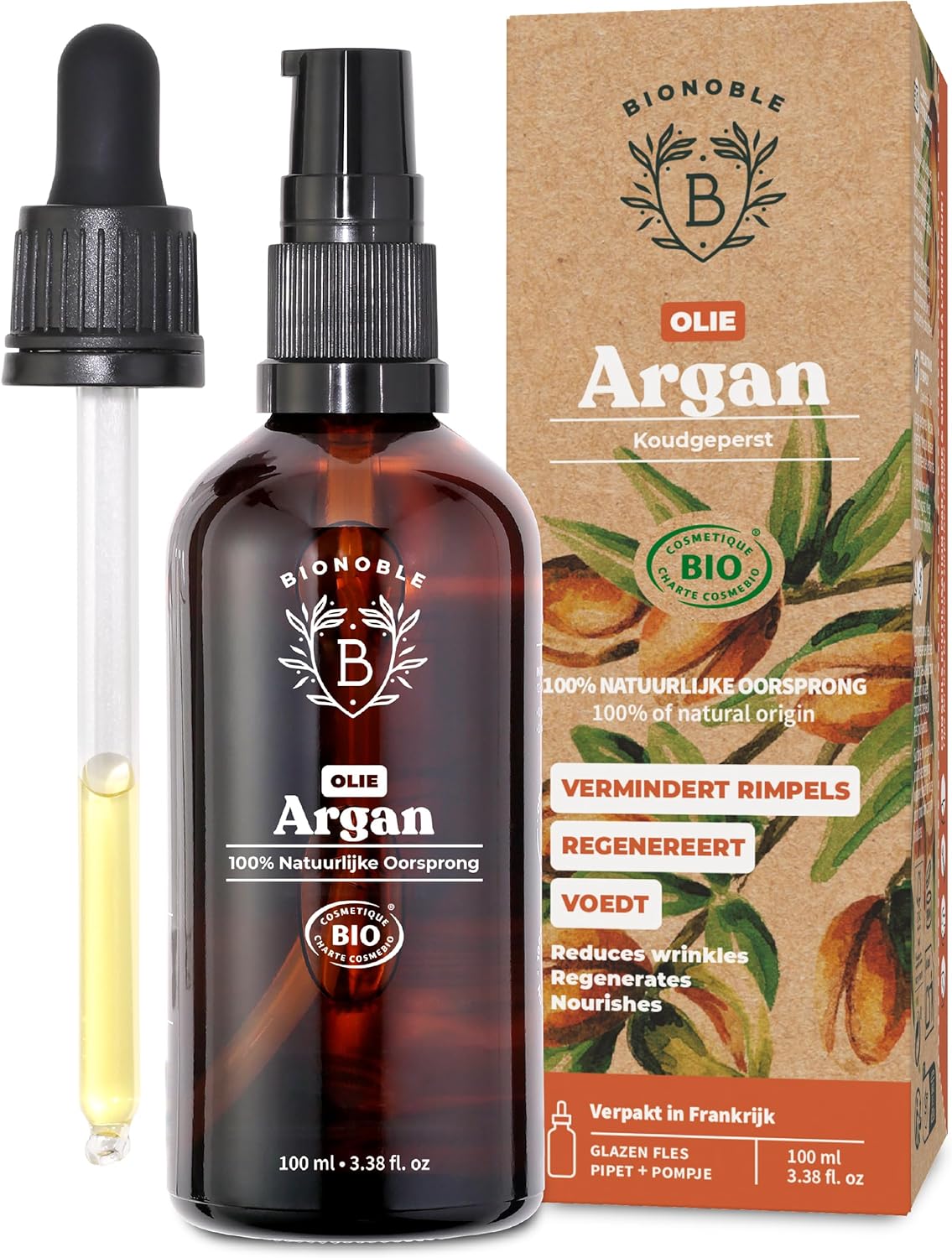 BIOLOGISCHE ARGANOLIE | 100% Puur, Natuurlijk & Koudgeperst | Gezicht, Lichaam, Haar, Baard, Nagels | Vegan & Cruelty Free | Argan Oil | Glazen Fles + Pipet + Pompje (100ml)