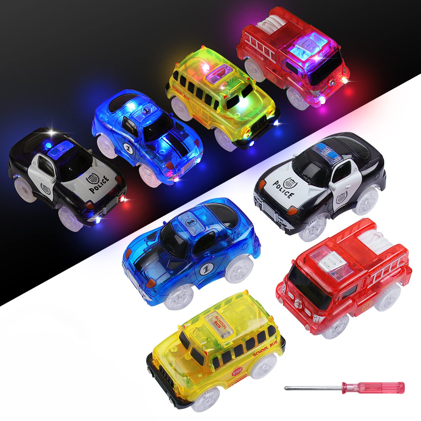 sikkeby Tracks Cars, 4 Pack Circuit Voiture Enfant avec 5 flashs LED, Rail Voiture Jouet Brille dans l'obscurité, Compatible avec la Plupart des Pistes pour Enfants, garçons et Filles