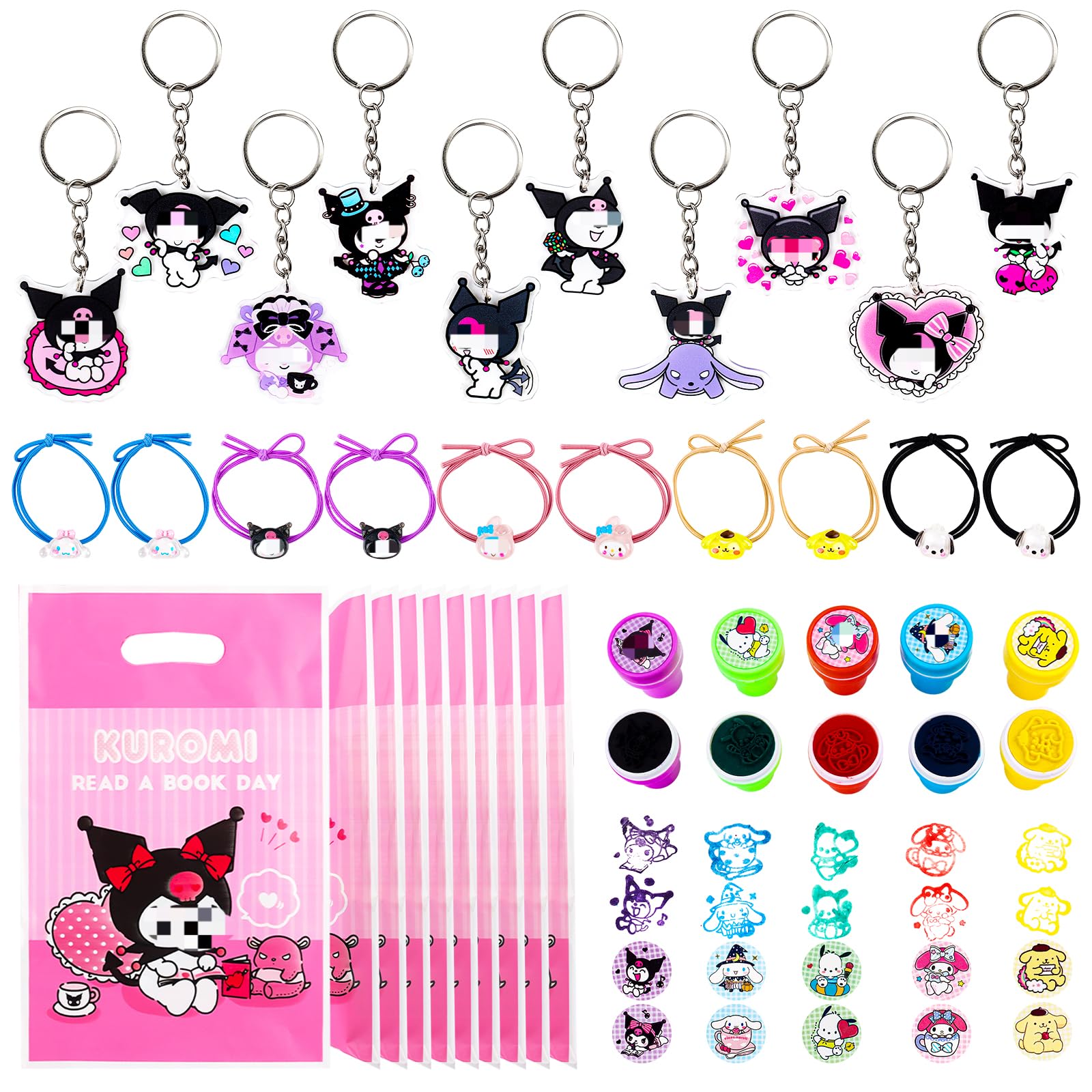 Clvsyh 40 Stück Cartoon Party Mitgebsel Set, Stempel Kinder, Haargummis Mädchen, Schlüsselanhänger Silikon, Anime Geschenktüten, Kindergeburtstag Gastgeschenke für Junge und Mädchen
