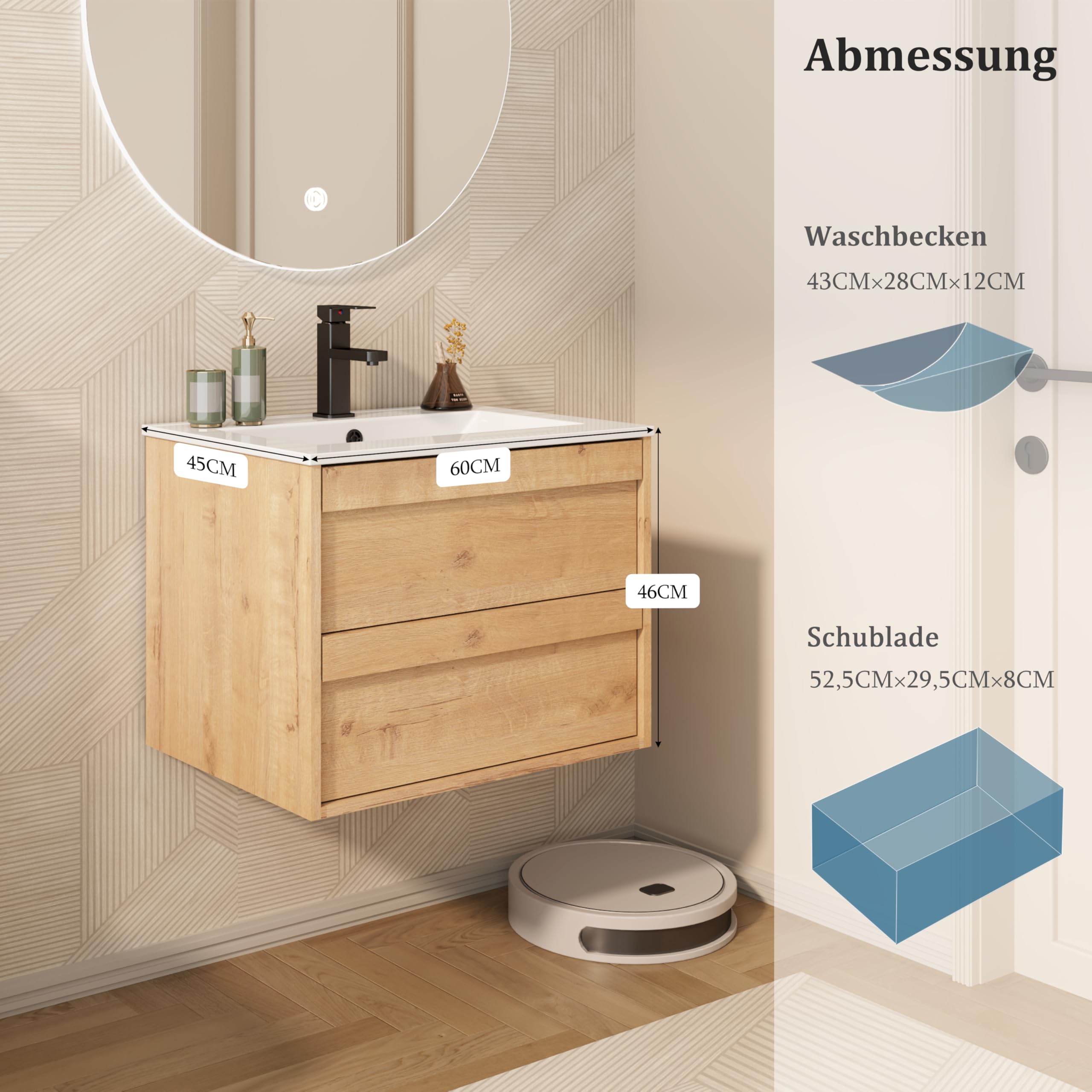 UEV Waschtisch mit Unterschrank, Waschbeckenunterschrank 60cm hängend, mit Soft-Close-System, Waschplatz, Aufsatzwaschbecken, Badezimmmer Möbel für Gäste WC, Badmöbel Set für Badezimmer, Natur