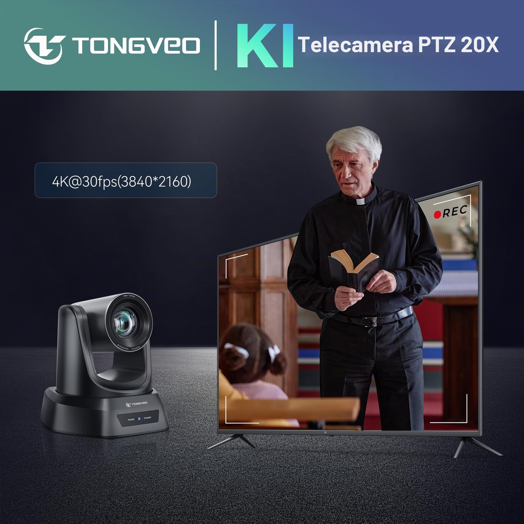 TONGVEO Telecamera PTZ per Sala Conferenze con Zoom Ottico 20X, Webcam 1080P 60fps HDMI USB per Streaming Chiesa e Videoconferenze | Compatibile con Zoom e OBS