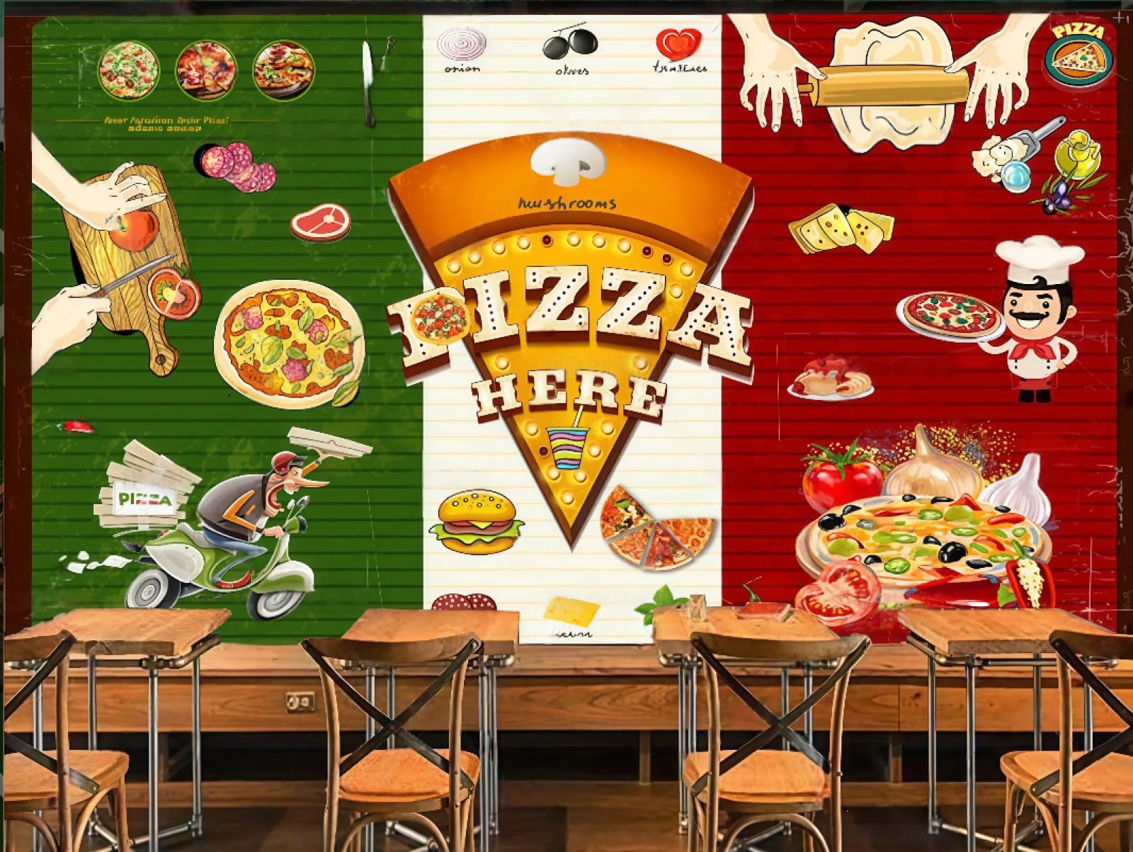XDOUBAO Wallpaper Fashion Hand-Painted Delicious Pizza Shop Fast Food Theme Afternoon Tea Western Restaurant Background Wall Wallpaper Coffee Shop Mural,3D,300x210cm