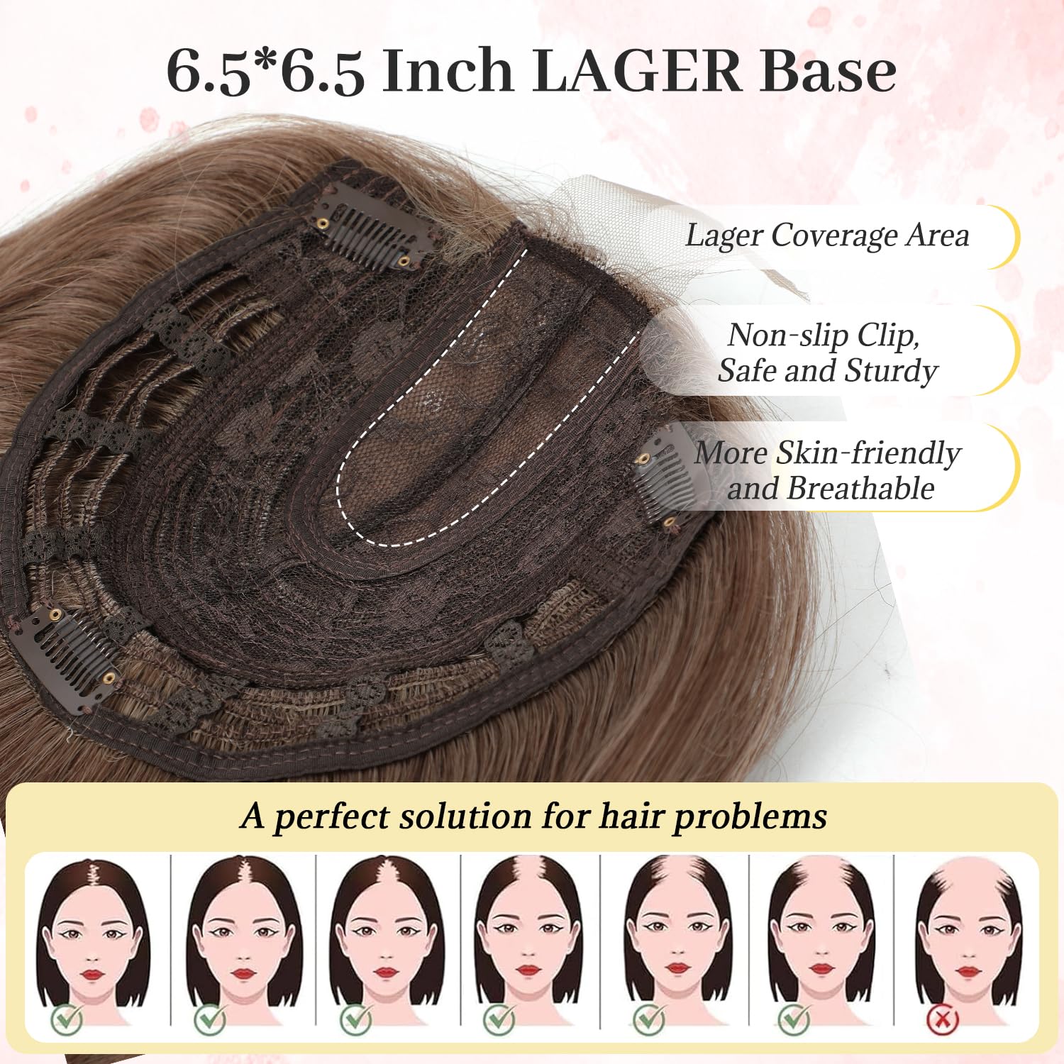 Hair Topper with Bangs, Reddish Brown, 12” Long. Synthetic Red Brown Highlights Human Hair Topper for Women 14 Inches  main image 2