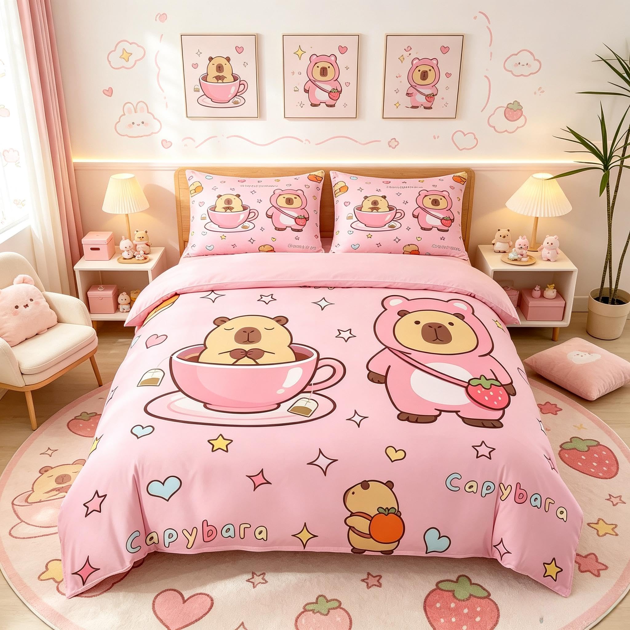Loussiesd Capybara Duvet Cover Double Size Boys Girls Cute Coffee Cup Animal Bedding Set Breathable Soft Cartoon Capybara Bedspread 3Pcs Bedroom Decor Microfiber Zipper Closure