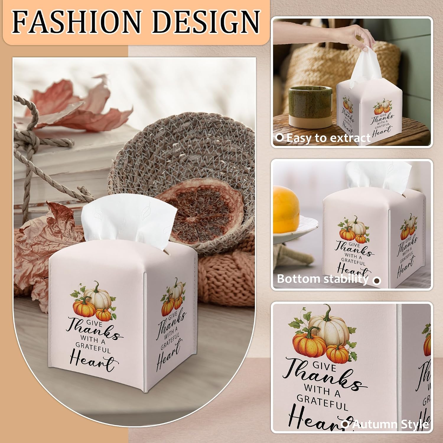 Fall Pumpkin Maple Leaf Tissue Box Cover, Give Thanks with A Grateful Heart Tissue Box Square, Aesthetic Decor Tabletop Home Office Farmhouse, Unique Thanksgiving & Housewarming Gift for Women-B10 image 2