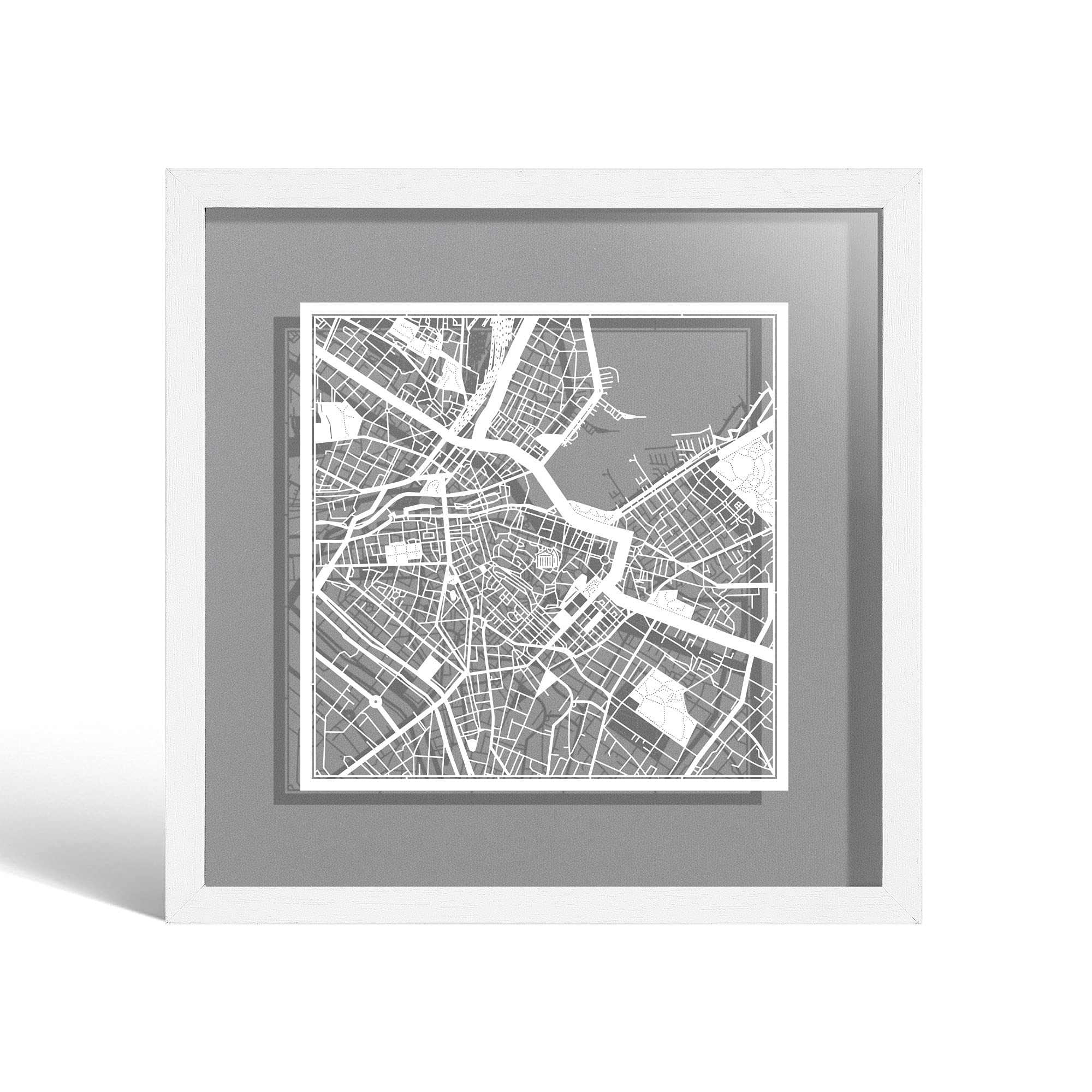 O3 DESIGN STUDIO Geneva Paper Cut Map framed, White map, White frame, 23x23 cm, Gift Boxed, 4 background color, self-changing, Paper Art
