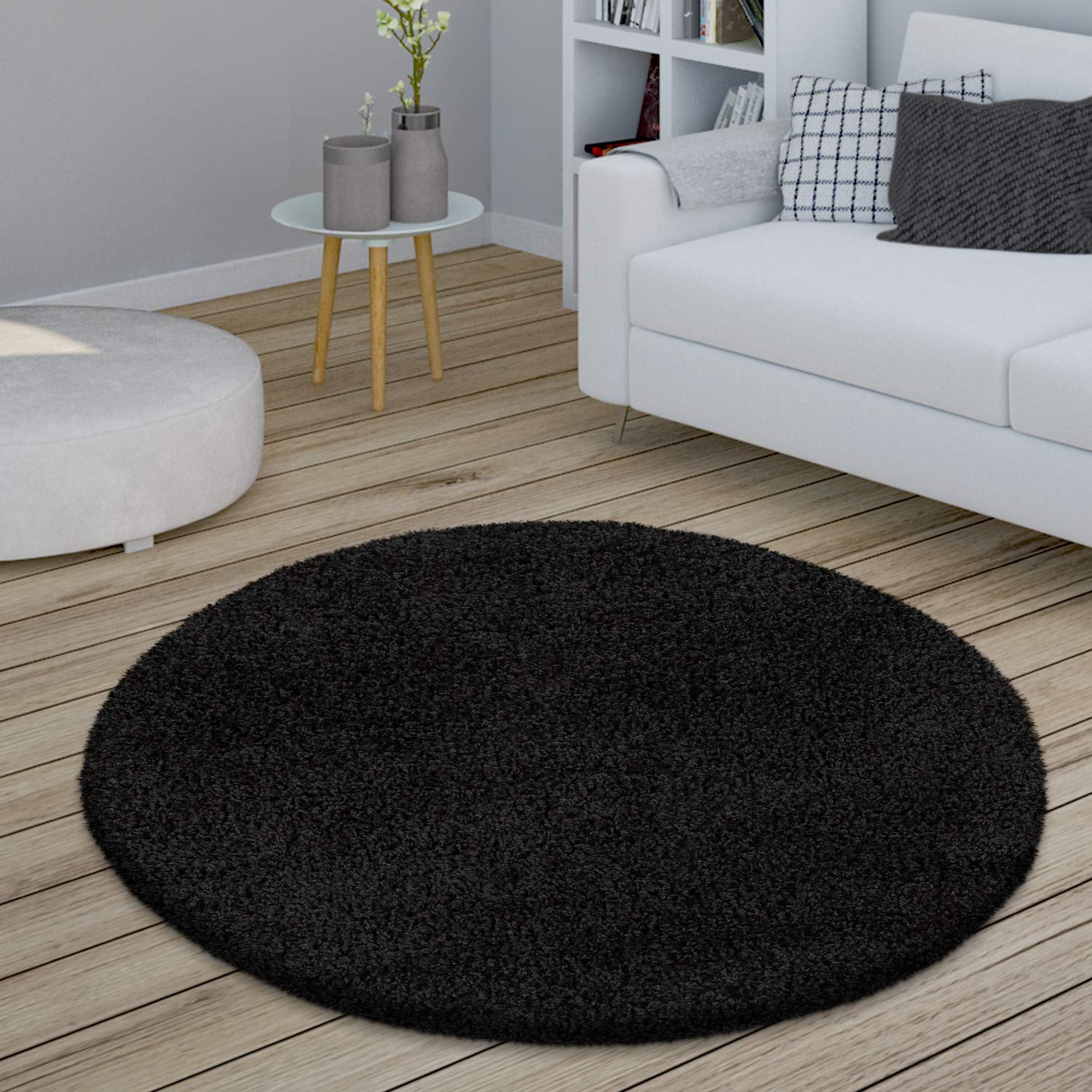 Alfombra Salón Redonda Pelo Largo Shaggy Dormitorio Mullida Moderna Pasillo Uni, tamaño:Ø 160 cm Redondo, Color:Negro