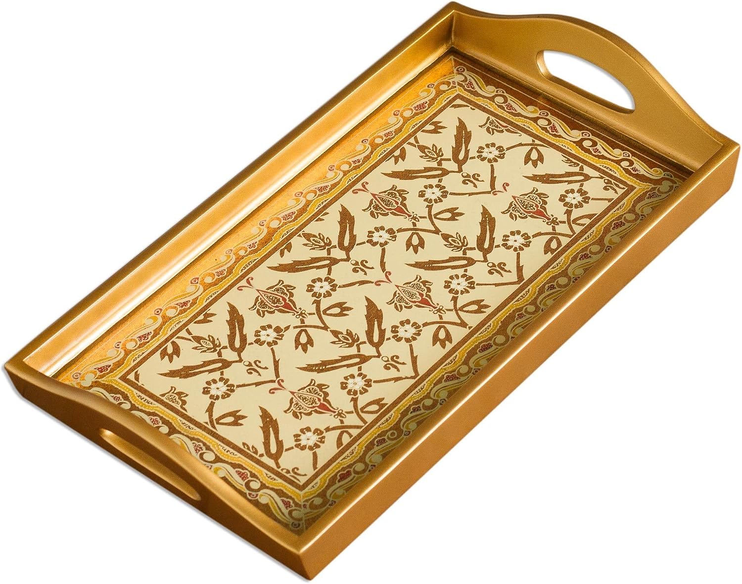 NOVICA Artisan Handmade Reversepainted Glass Tray Goldtone from Peru White Wood Tableware Serveware Trays [1.8in H x 12.25in W x 6.75in D] ' Golden Colonial'