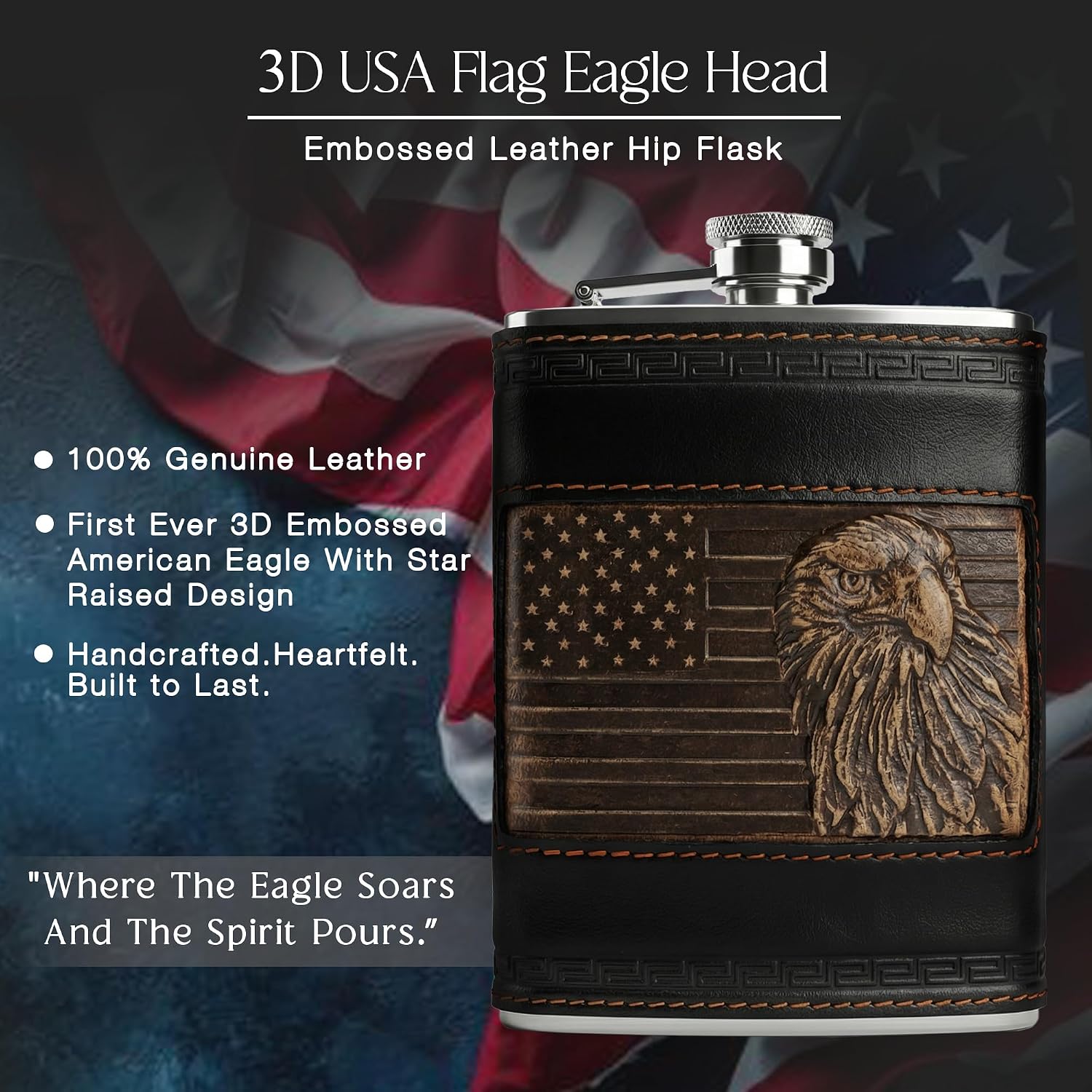 8 oz Leather Flask for Liquor - 3D Embossed USA Flag Bald Eagle Vintage Stainless Steel Whiskey Hip Flask for Men with Funnel, Leakproof Patriotic Gift for Groomsmen, Hunting, Dad (Black)