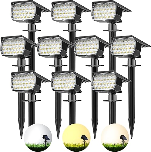 Miniatura 1 de Luces solares de 3 colores para exteriores, impermeables, IP65, para patio, 52 LED, 600 lúmenes, focos solares de paisaje, luces de pared de