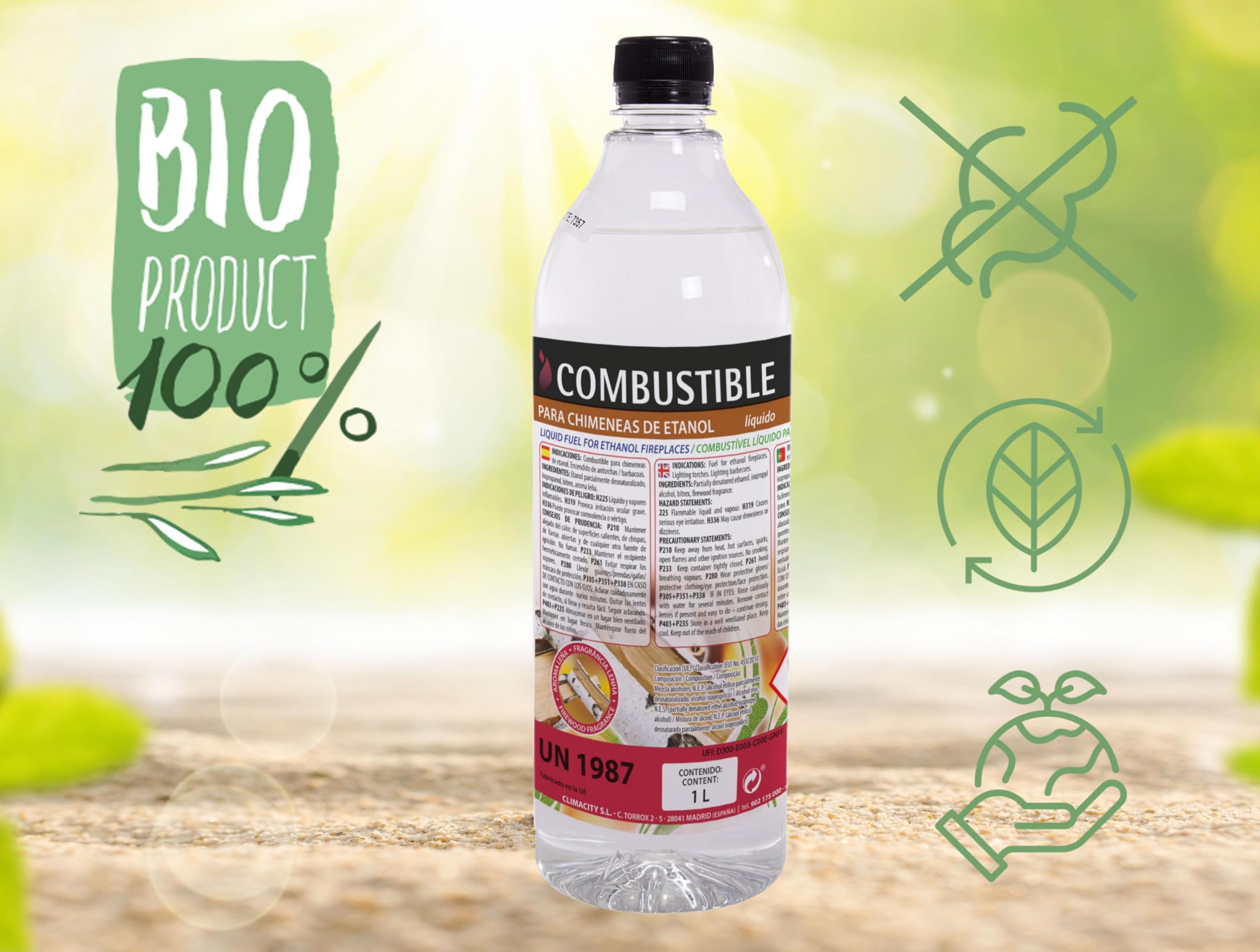 PUR LINE | Combustible etanol vegetal aroma a madera biochimeneas, caja 12 botellas 1L - Combustible Etanol Ecológico, sin humo, elimina olores y recrea ambiente chimenea leña