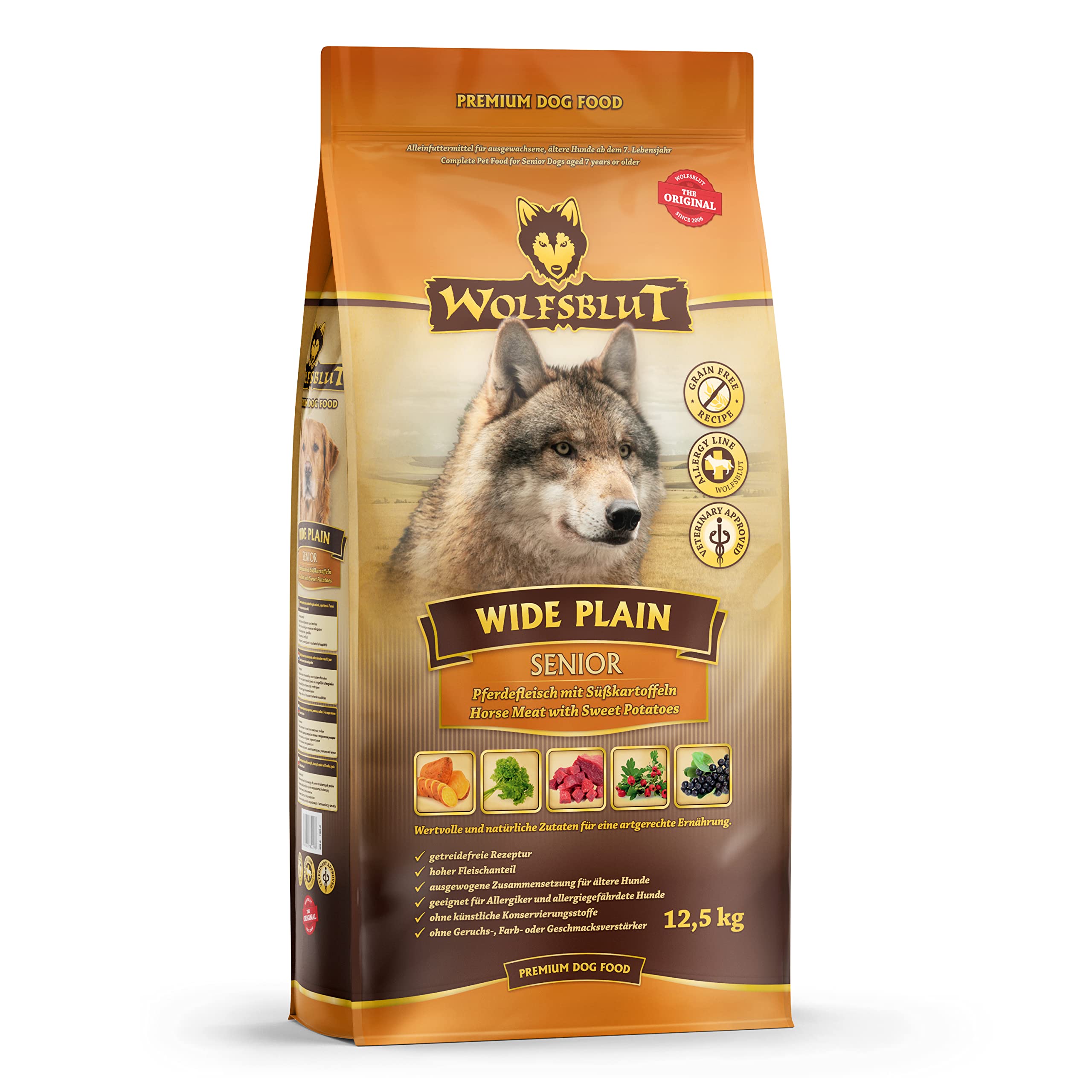 WOLFSBLUT – Wide Plain Senior | Trockenfutter mit natürlichen Zutaten und wertvollen Superfoods für ausgewachsene Hunde. Getreidefreies Alleinfutter ohne Zusatzstoffe im Beutel | 12,5kg Pferd