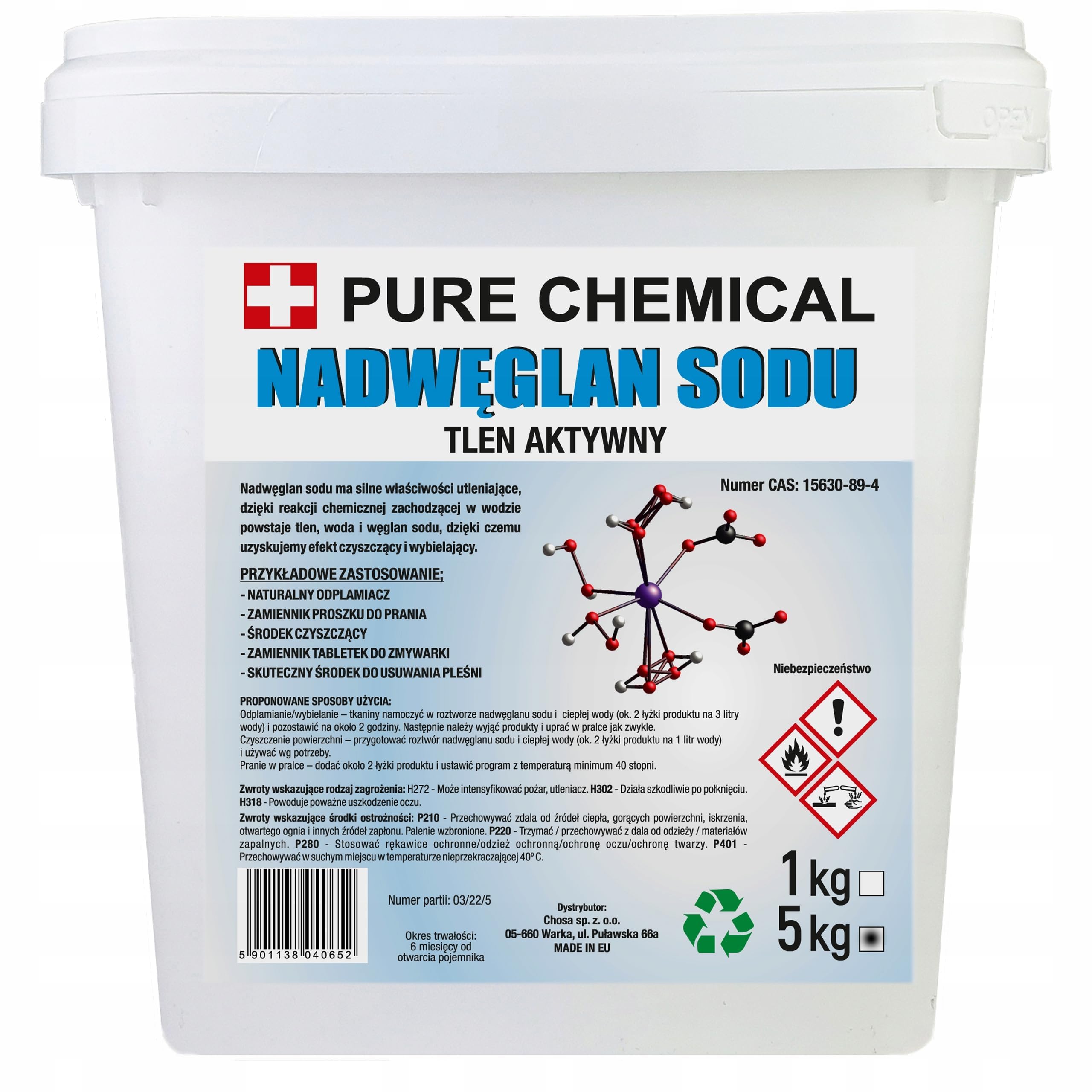 CHOSA Natriumpercarbonat Pulver zum Waschen 5 kg - Aktiver Sauerstoff 100% Reine - Sauerstoffbleiche Pulver für Wäsche - Waschmittel Fleckentferner - Fleckenbehandlung aus Textilien, 5000 g Eimer