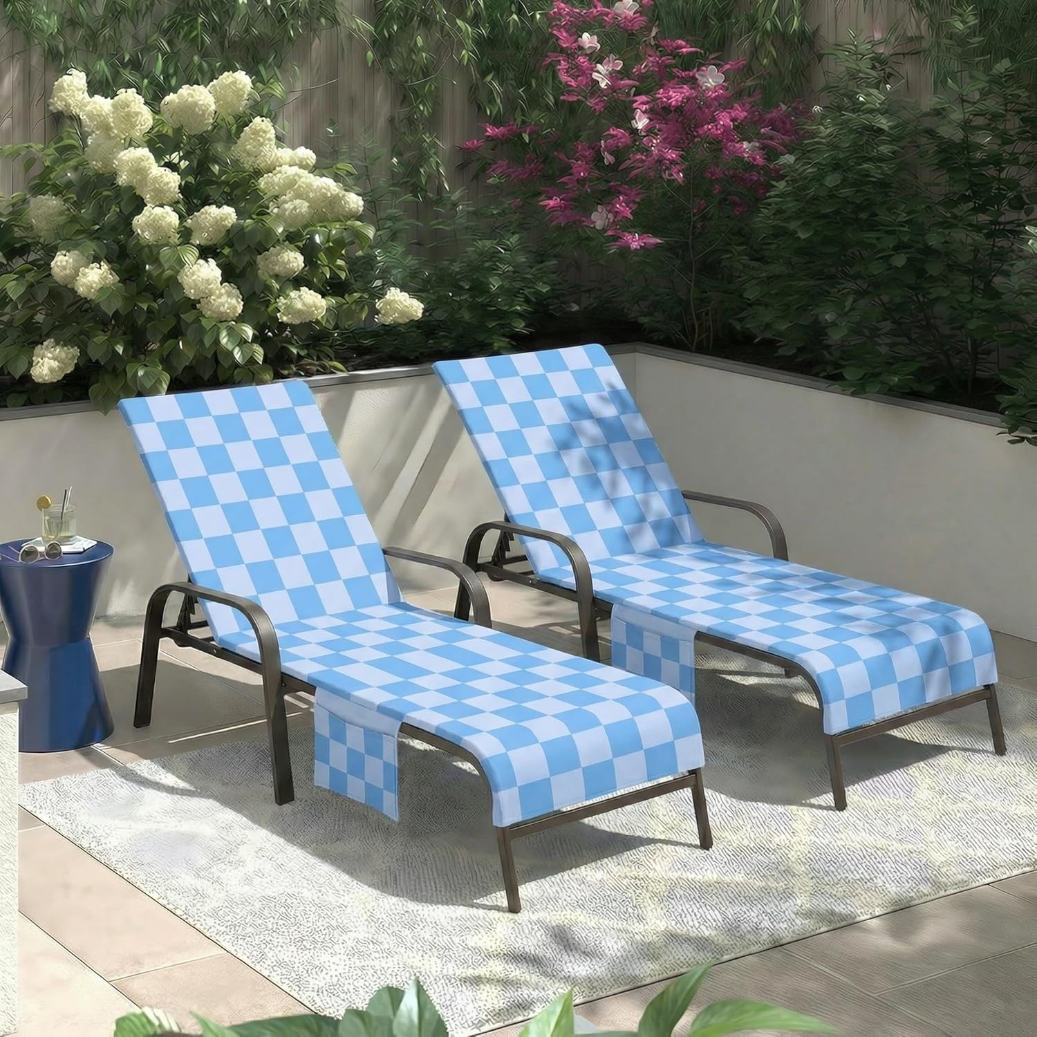 Lounge Chaise Chair Towel Covers (Pack of 2), Beach Chair Cover with 3 Pockets for Pool Outdoor Beach Garden Patio Trips,85 X30 in (Blue Checkerboard)