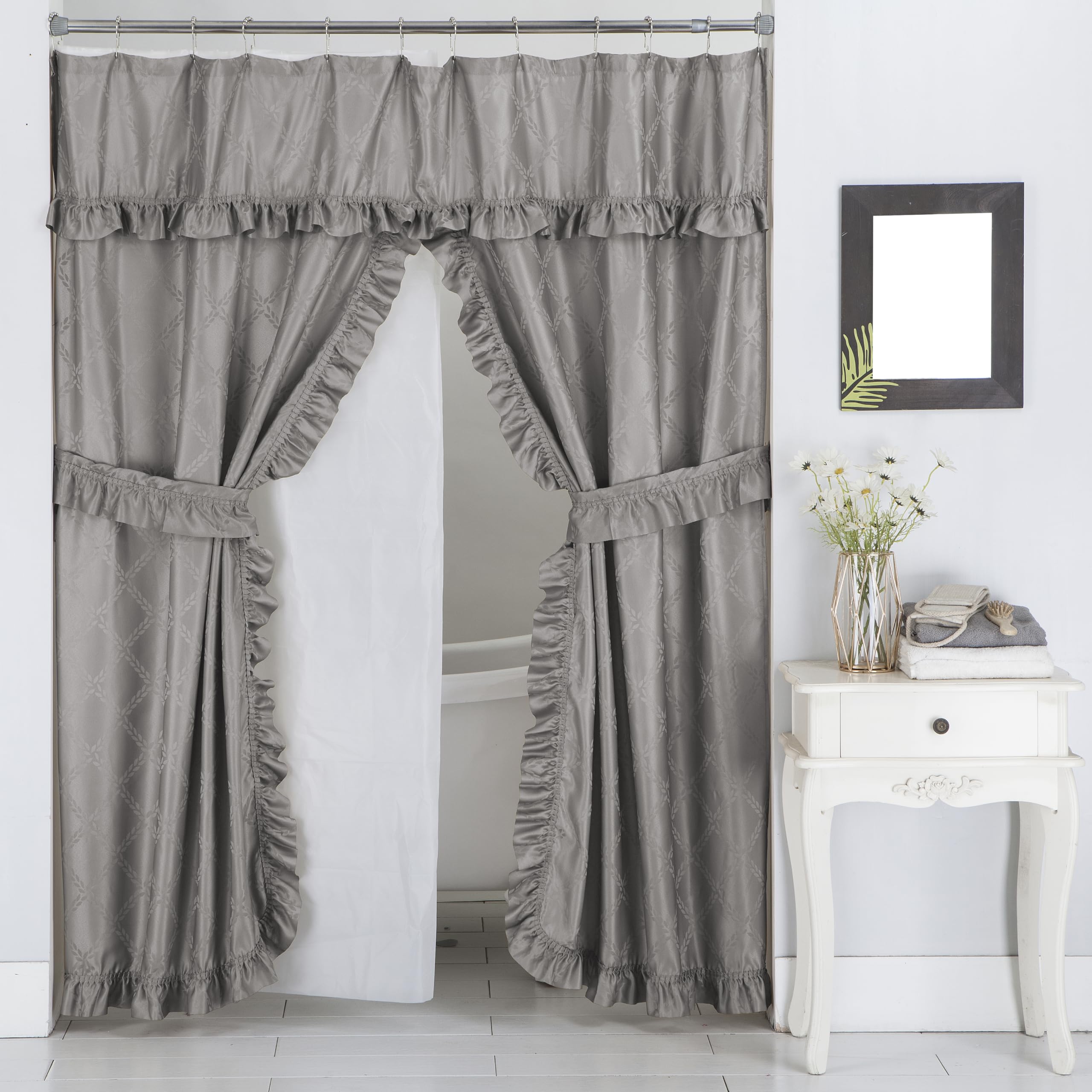 View 1 of [DAMAGED] Castle Selection Double Swag Ruffled Shower Curtain Set - Grey