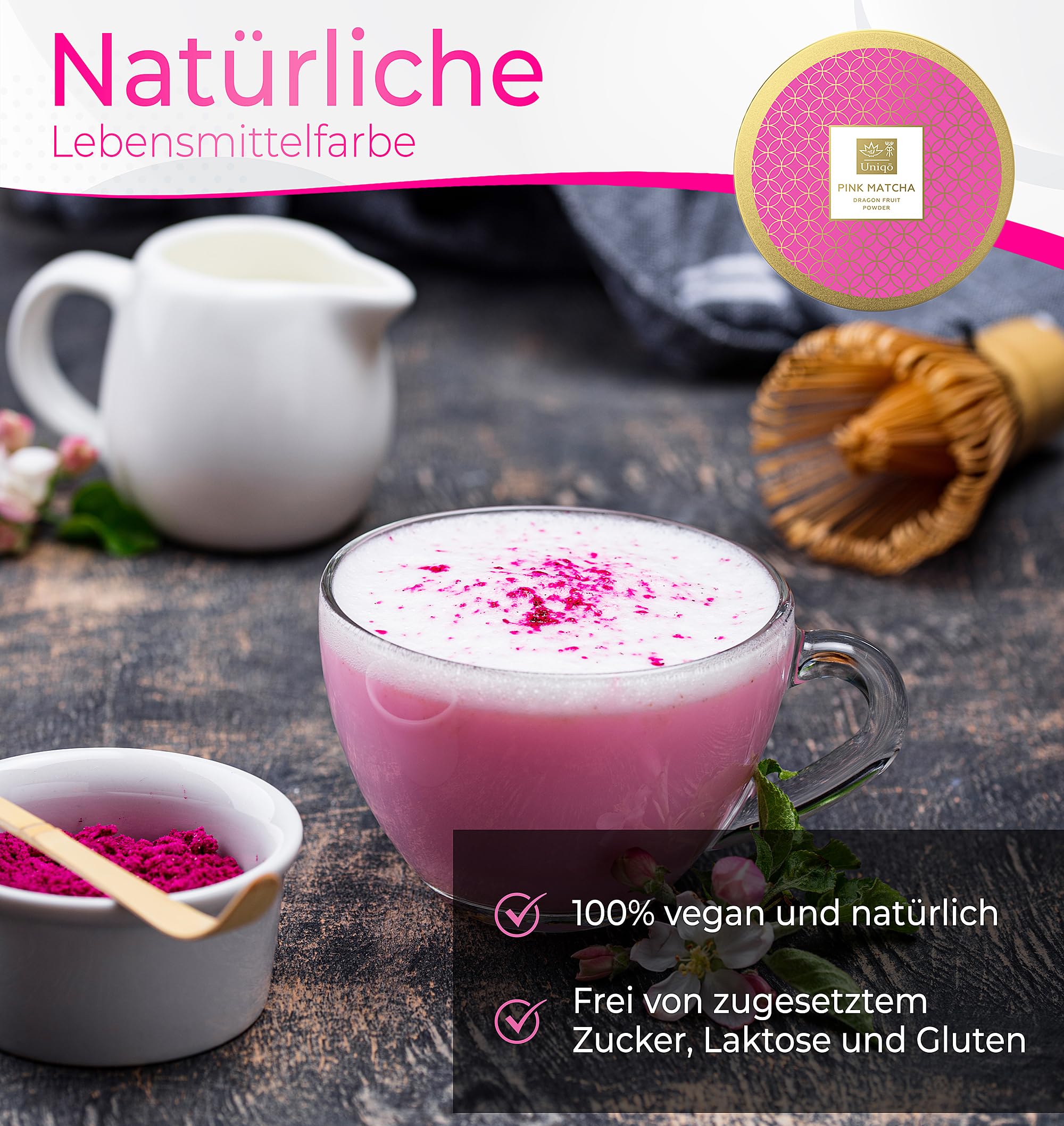 Tea Uniqo - Matcha Pulver Set mit Pink, Vanille und Pure Matcha | Tee Geschenkset mit Drachenfruchtpulver und Matcha Latte Pulver