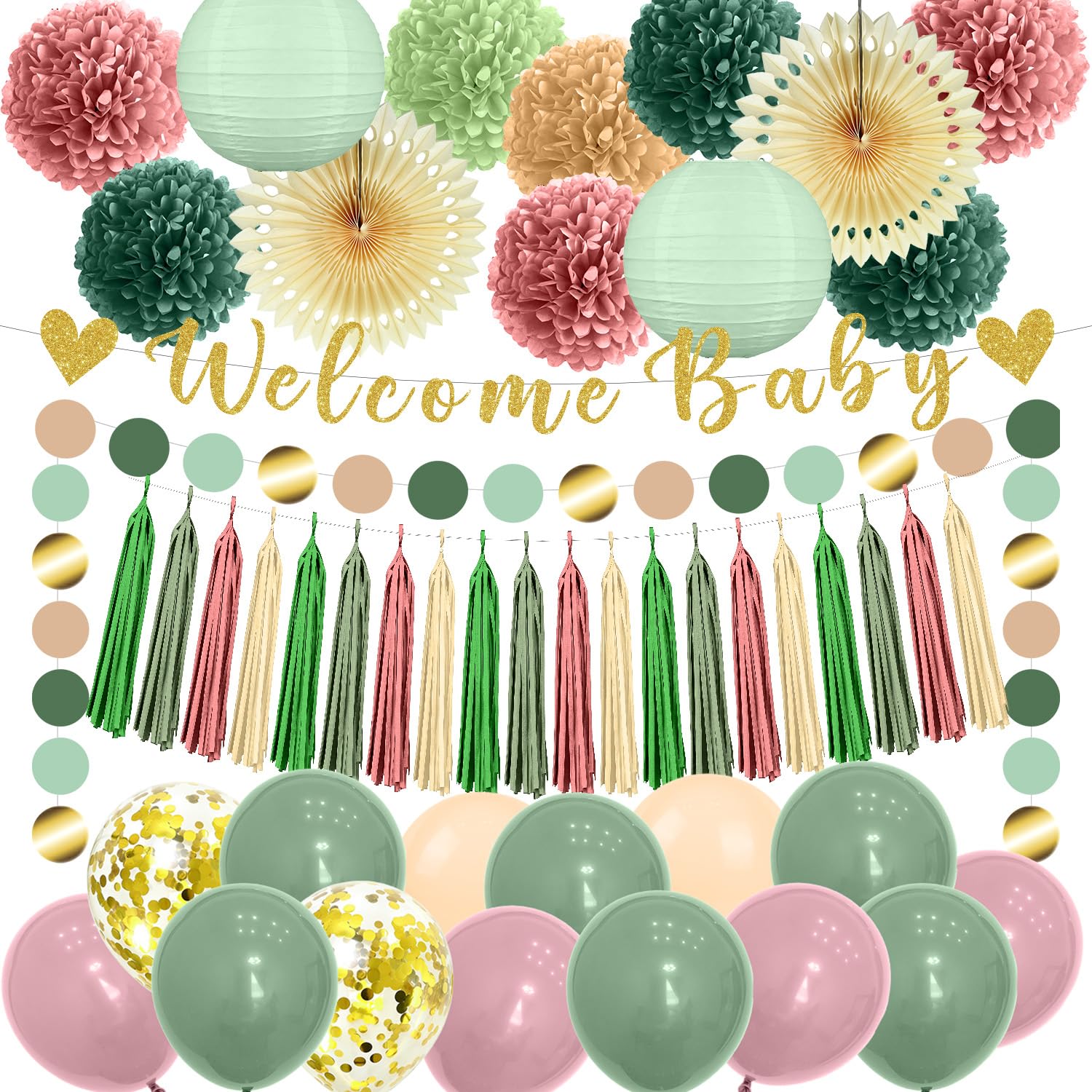 Luvart Sage Green and Pink Baby Shower Decorations, Welcome Baby Shower Banner Balloons Pom Poms Tassel Garland, Gender Reveal Party Supplies for Girls — image 1