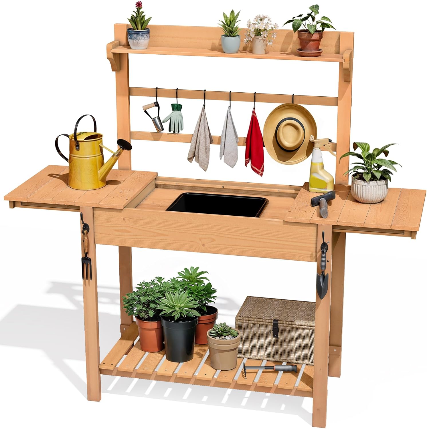 DWVO Potting Bench Table with Sink and Sliding Tabletop, Solid Wood Garden Table for Outside, Outdoor Wooden Workstation with Hooks and Storage Shelves for Porch, Patio, Balcony