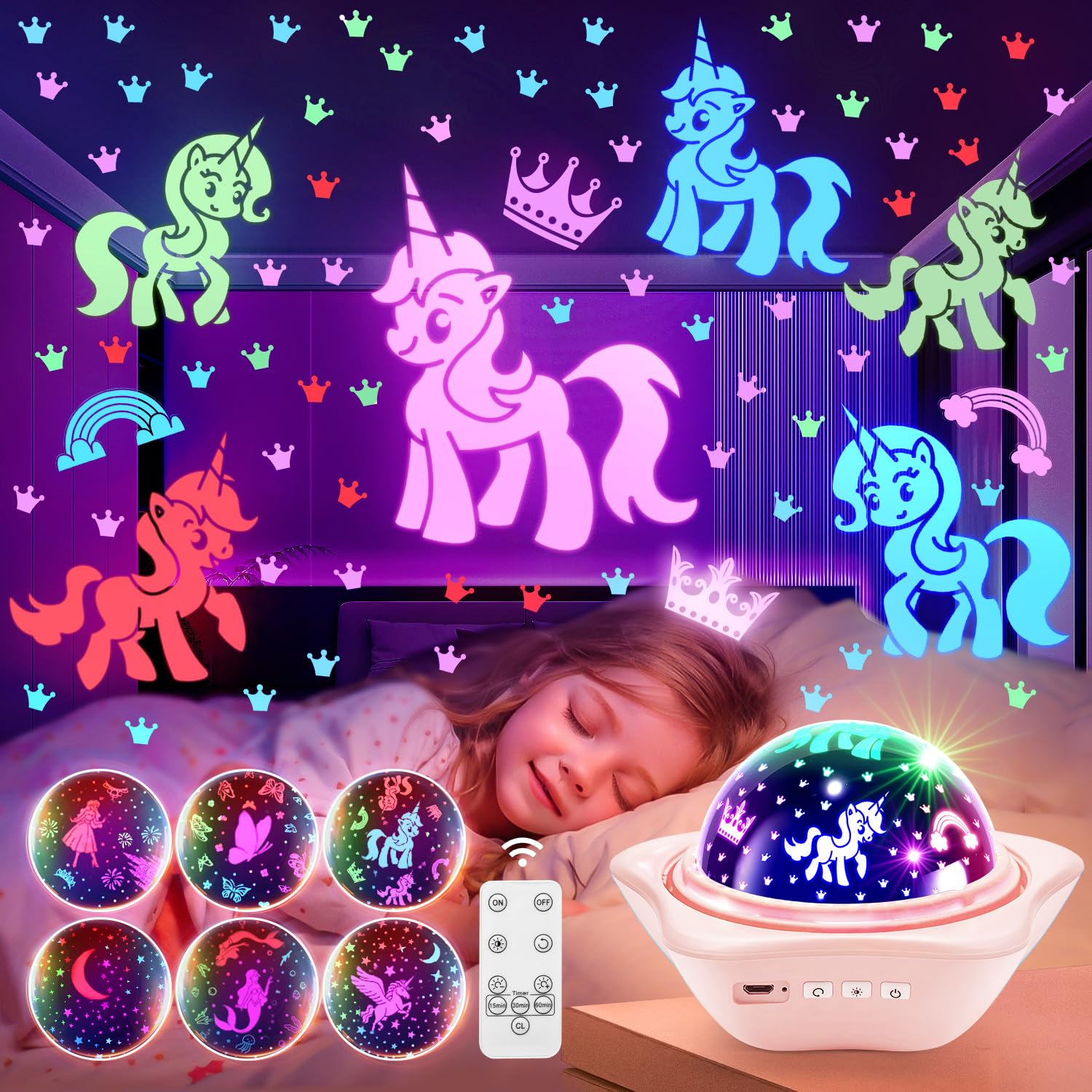 PIKOY Unicorn Room Decor for Girls Bedroom, 96 Lights+6 Films Unicorn Night  Light for Girls Room Decor, Princess+Mermaid+Butterfly Lamp, 360°