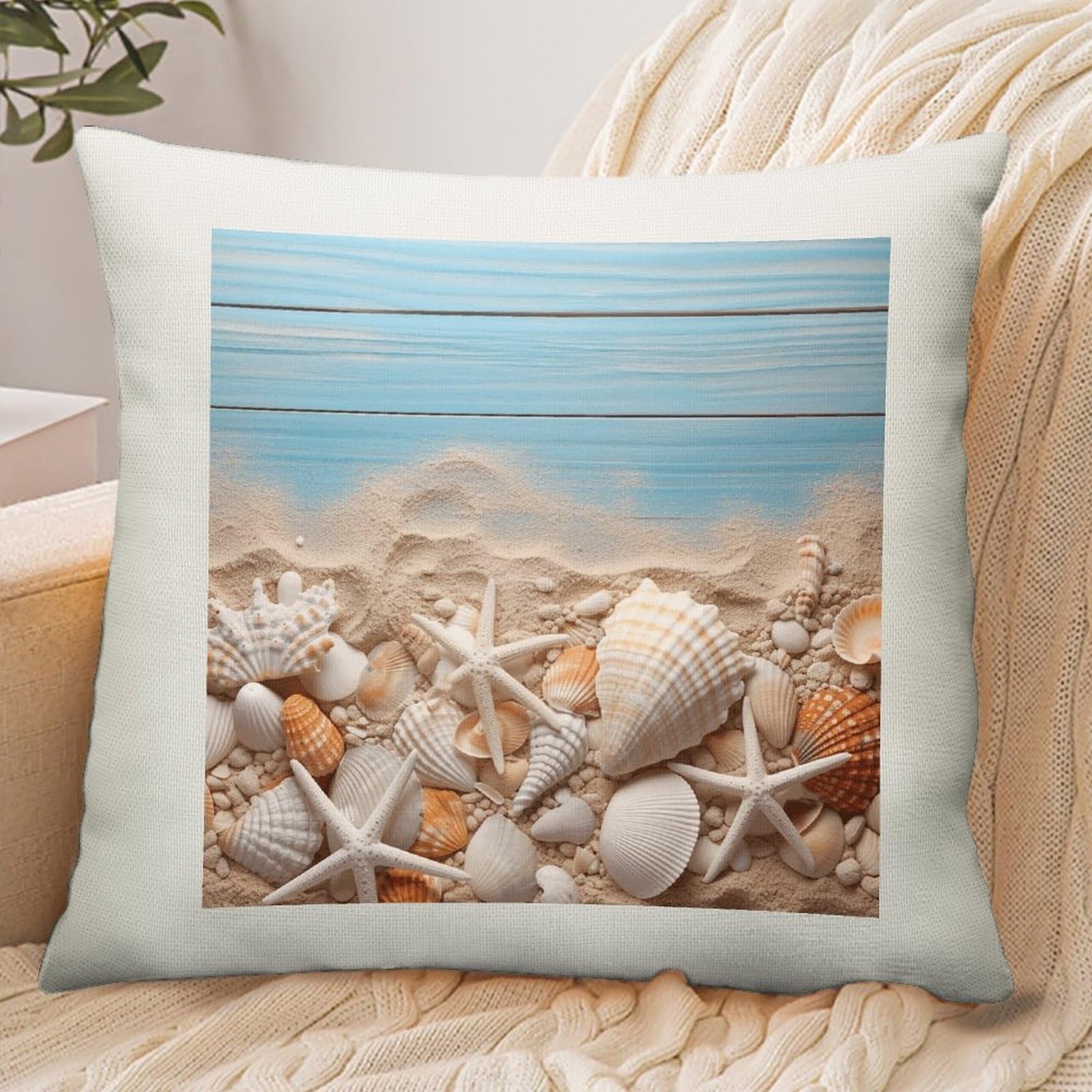 Adfgyerh Style Sea Shells And Starfish Pillow Cover Breathable,Pillowcases Boho Decorative Envelope Closure,Throw Pillow Covers For Beach,Patio,Balcony,Couch Living Room 16 * 16In