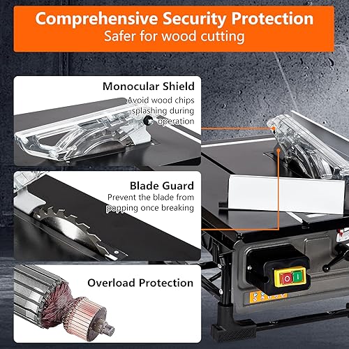 Miniatura 3 de Sierra de mesa para lugar de trabajo, motor de cobre de 8 pulgadas y 6.7 amperios, velocidad de corte de hasta 3576 RPM, hoja 24T, kit de sierra de