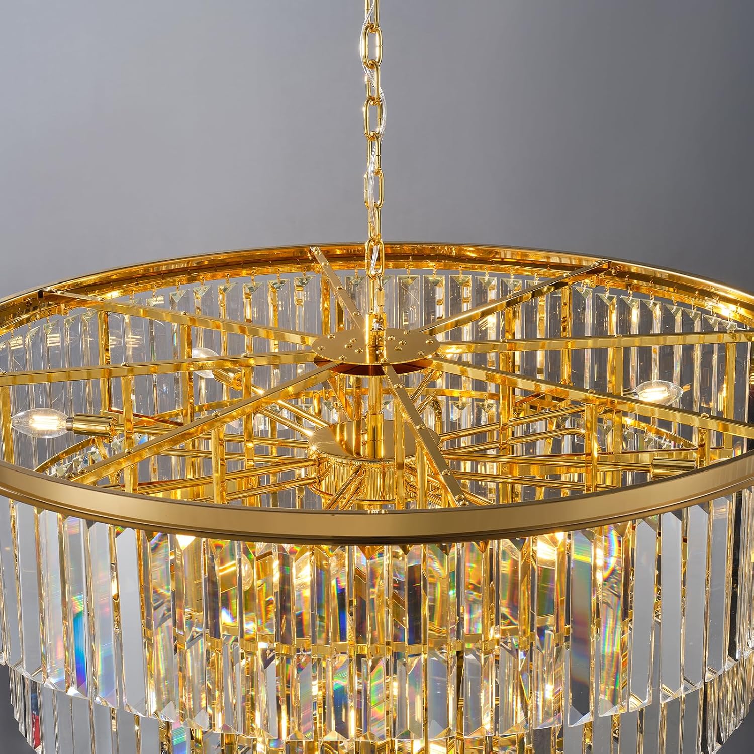 48-Inch Gold Tiered Crystal Tube Chandelier - 45-Light E12 Pendant with 580 Crystal Rods, Mirror-Polished Metal Frame, Adjustable 79" Chain, Gold