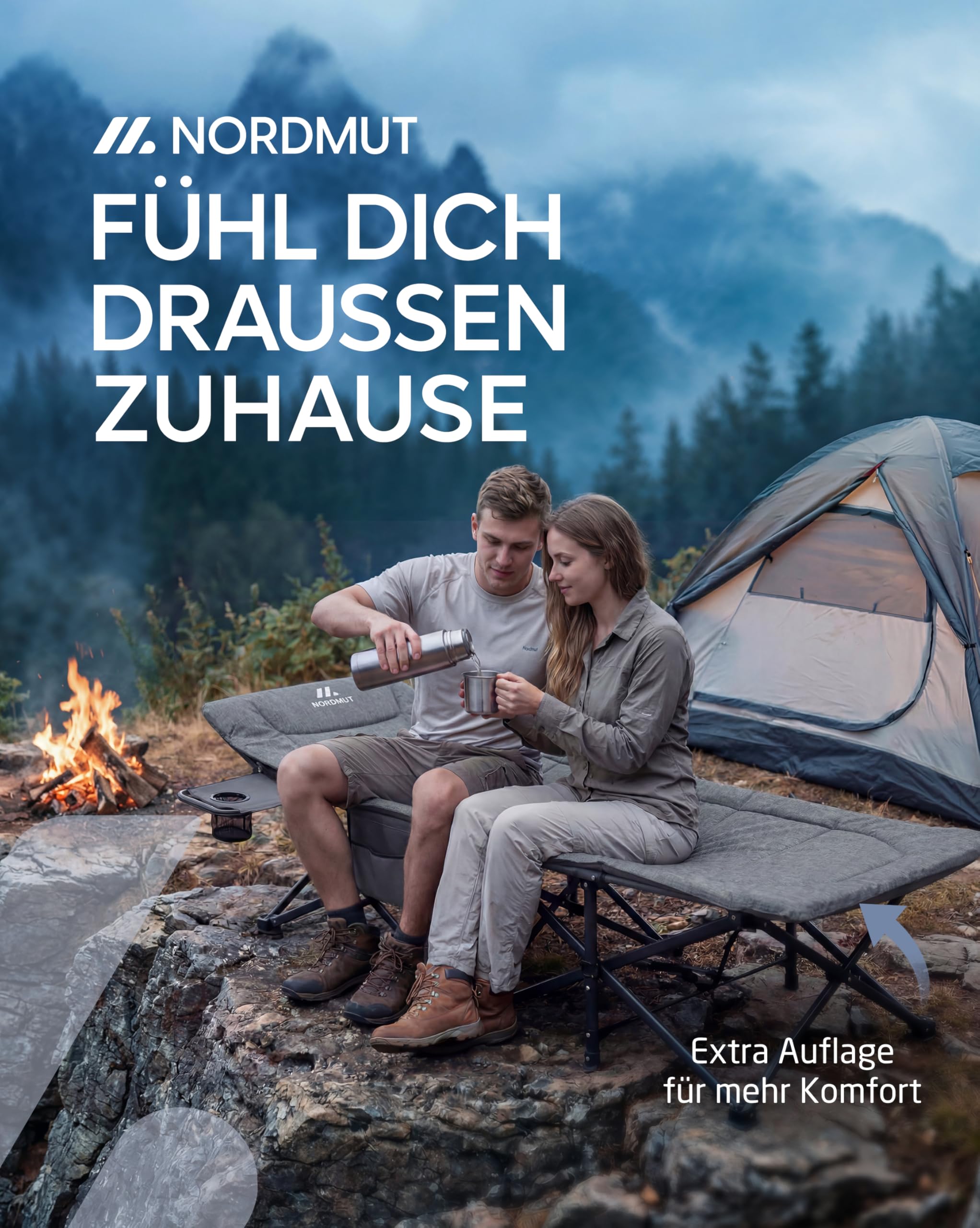 NORDMUT® Feldbett klappbar mit komfortabler Matratze - stabiles Campingbett bis 200 kg belastbar - Premium Gästebett faltbar für Camping, Garten & Gäste (Aschgrau, mit Auflage)