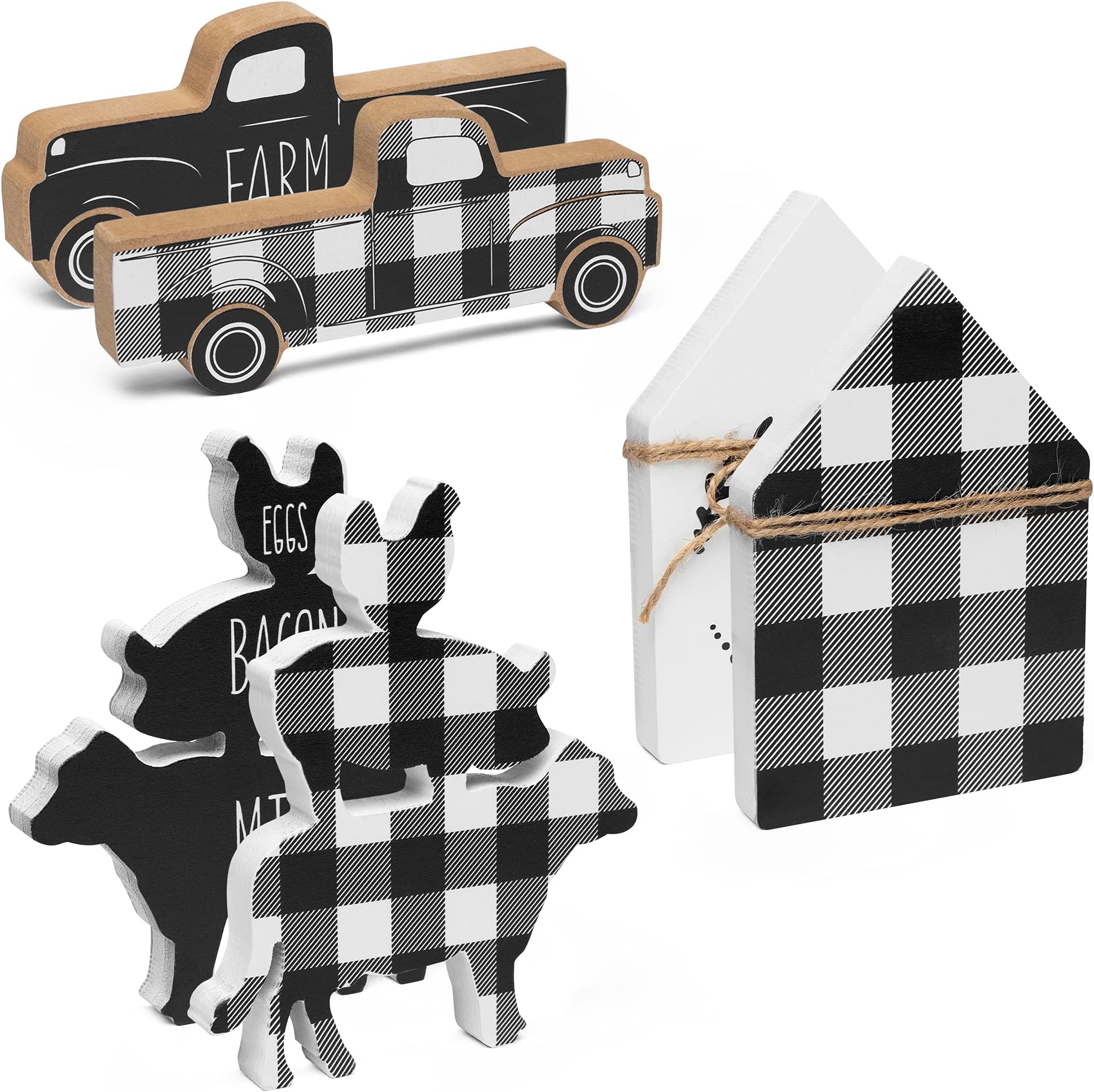 R HORSE3Pcs Wooden Farmhouse Buffalo Plaid Tiered Tray Decoration Black& White Plaid Rustic Farmhouse Tray Sign Double Printed Farmhouse Shelf Buffalo Plaid Decor for Christmas New Year Photo Prop