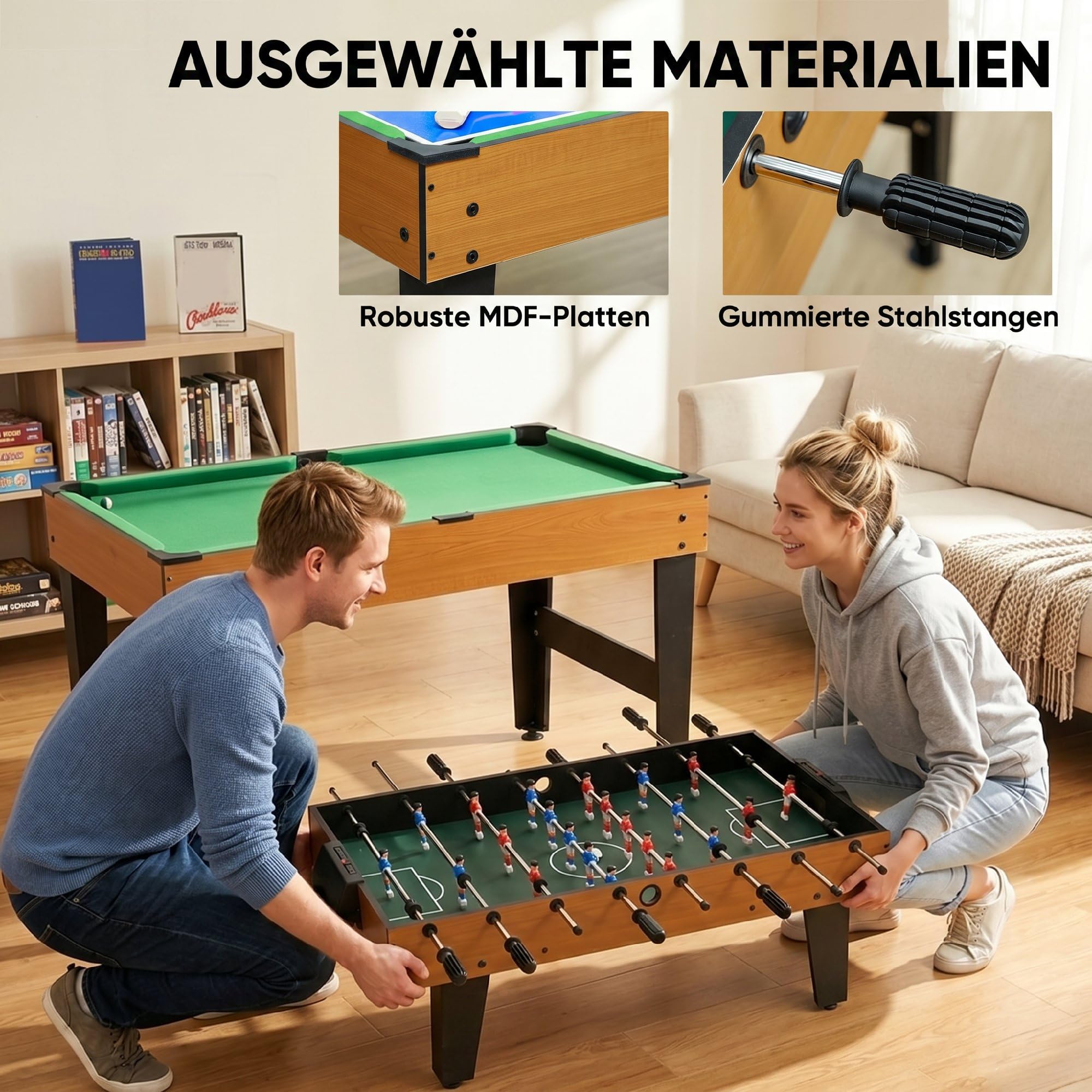 HOMCOM Multi Spieltisch 4-in-1 Tisch mit Tischtennis, Billardtisch, Tischfußball und Zubehör Multifunktionstisch für Erwachsene 107 x 61 x 84,5 cm Schwarz Naturholz