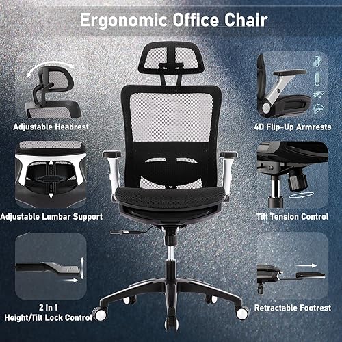 Miniatura 10 de COLAMY Silla de oficina ergonómica de malla con reposapiés, silla de escritorio ejecutiva de computadora con respaldo alto con reposacabezas y