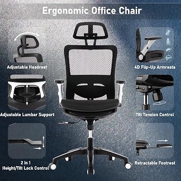 COLAMY Ergonomic Mesh Office Chair with Footrest - High Back Computer Desk Chair with Headrest, 4D Flip-up Armrests, Adjustable Tilt Lock, and Lumbar Support for Ultimate Comfort, Black